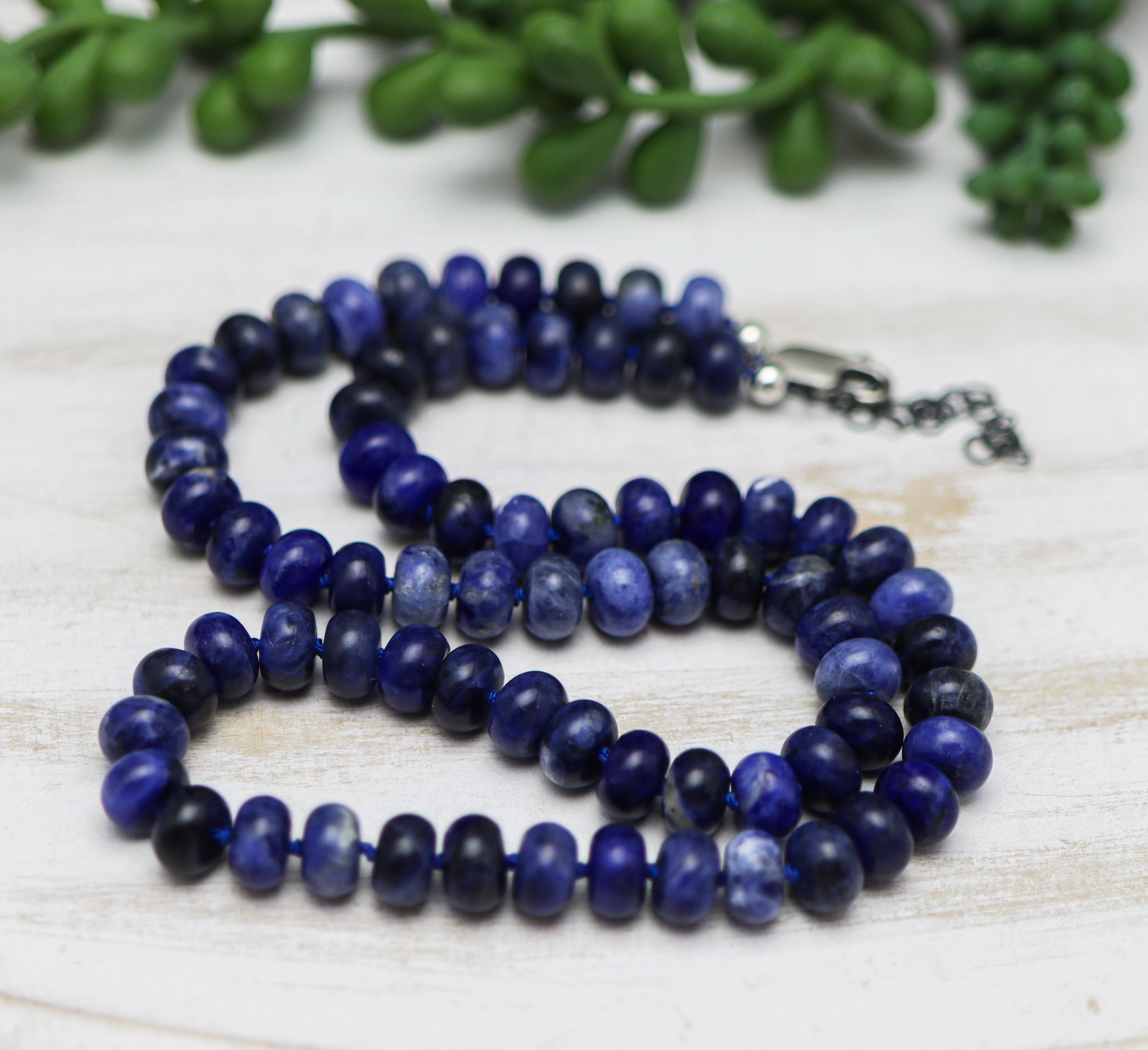 Blue Sodalite Hand Knotted Bead Necklace Sterling Silver