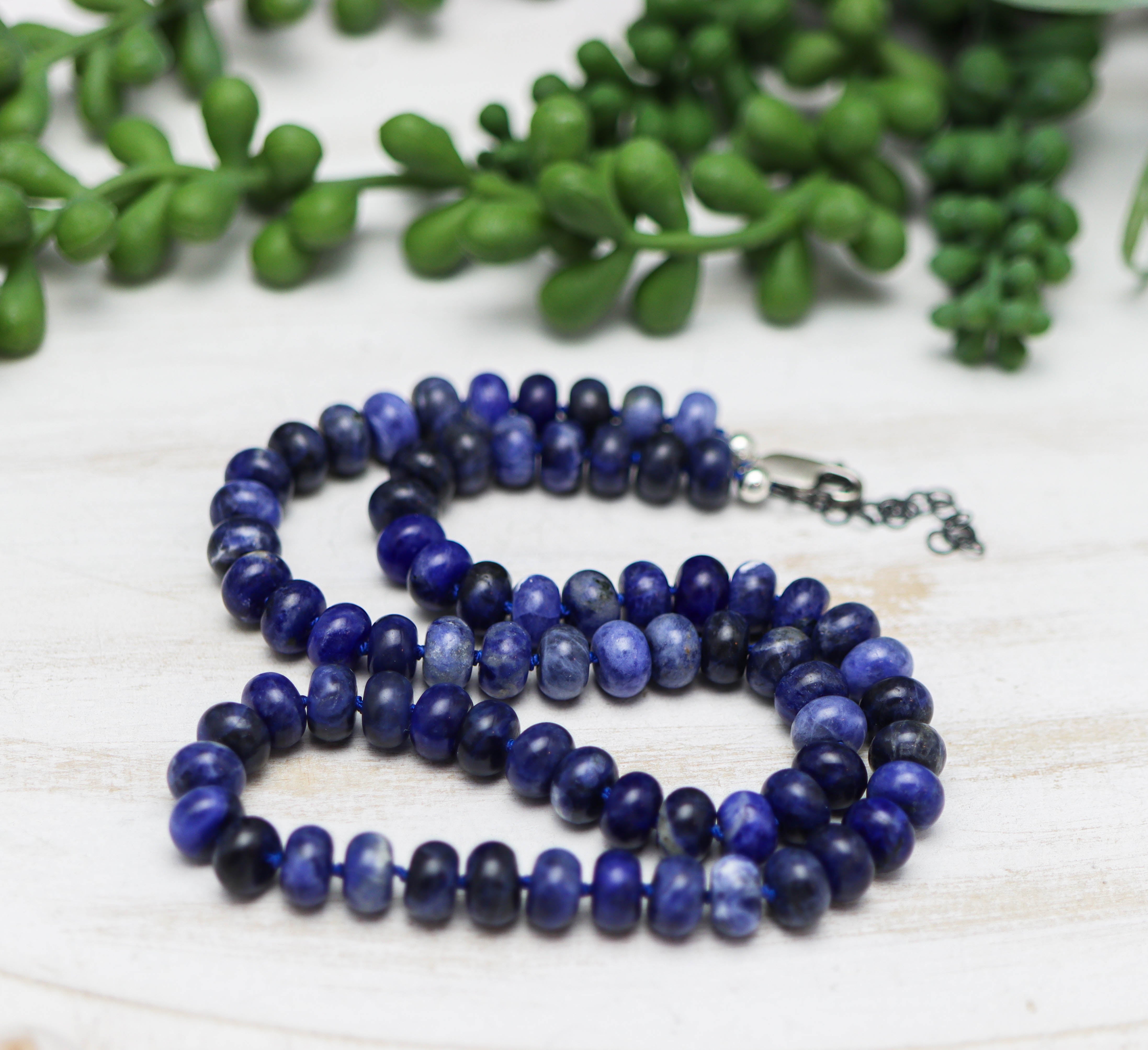 Blue Sodalite Hand Knotted Bead Necklace Sterling Silver