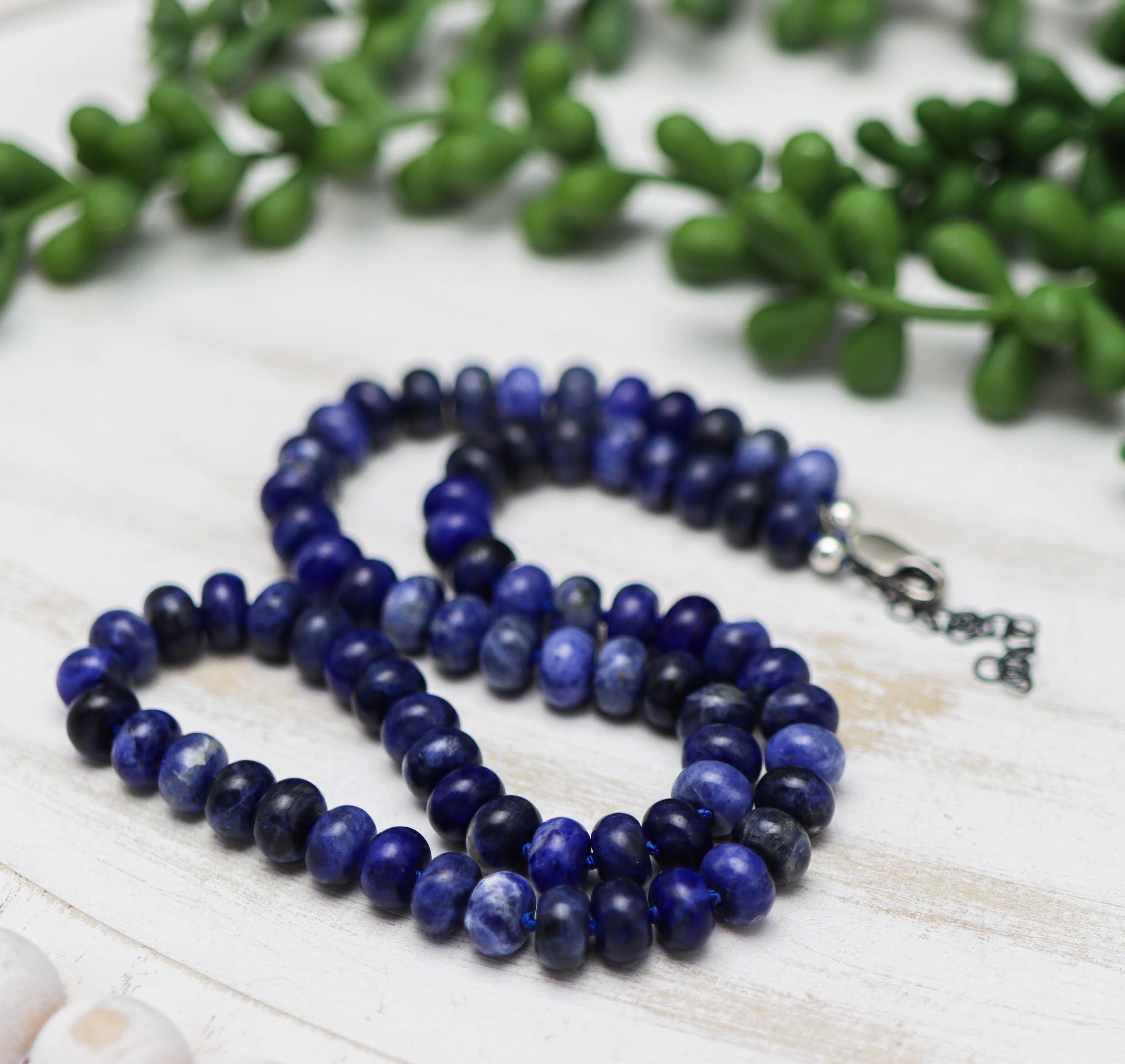 Blue Sodalite Hand Knotted Bead Necklace Sterling Silver