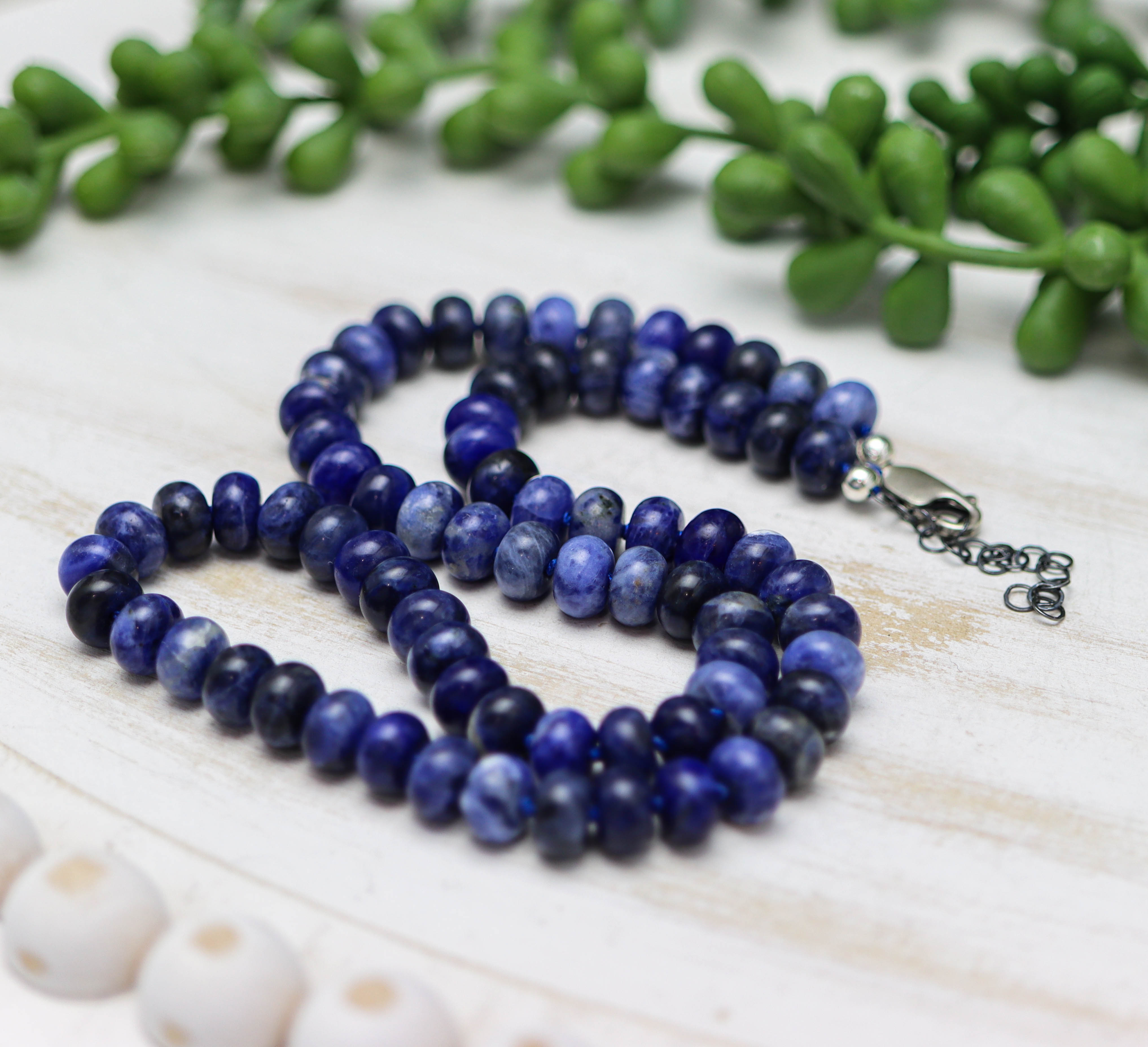 Blue Sodalite Hand Knotted Bead Necklace Sterling Silver