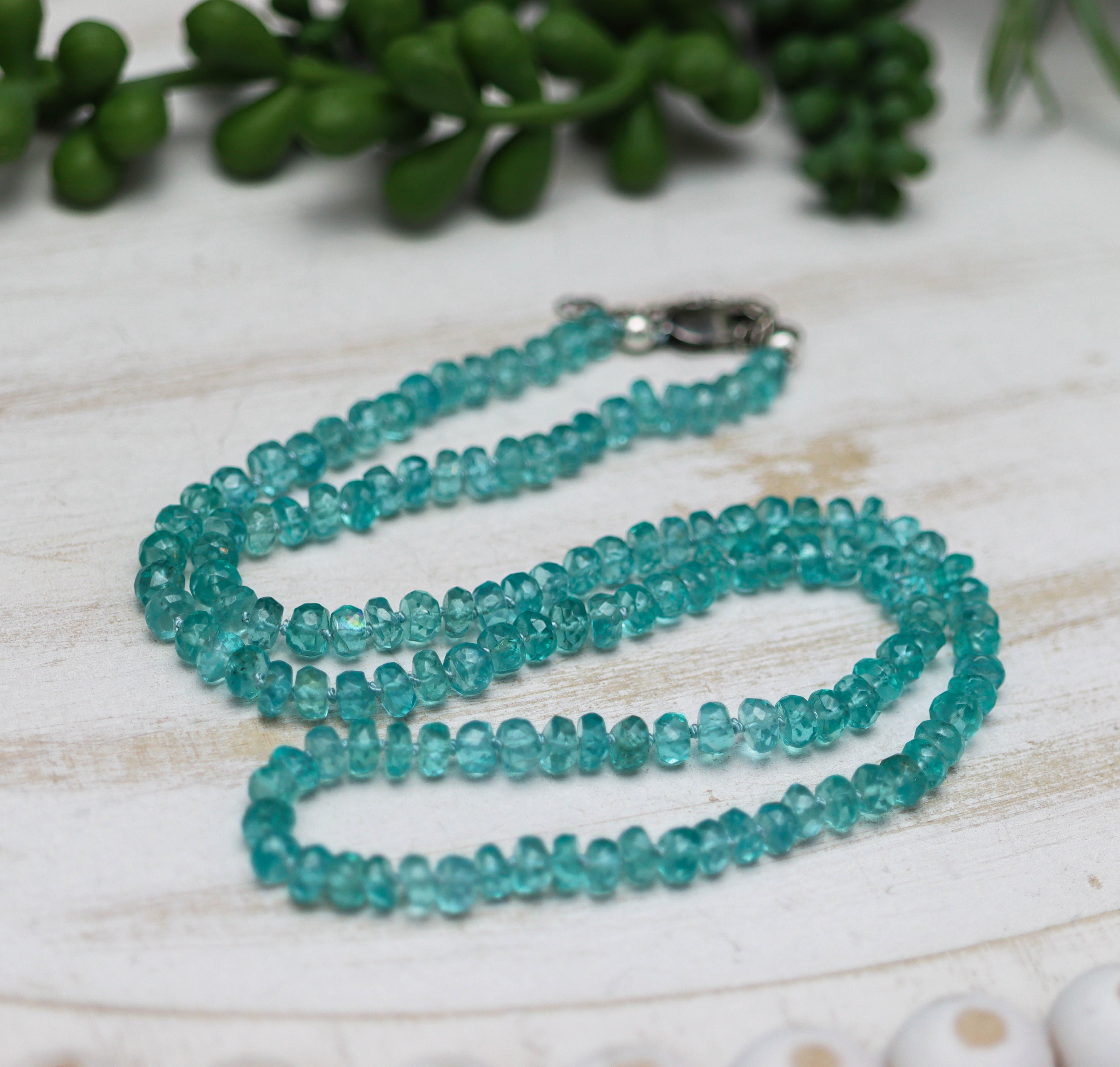 Neon Blue Apatite Hand Knotted Bead Necklace Sterling Silver