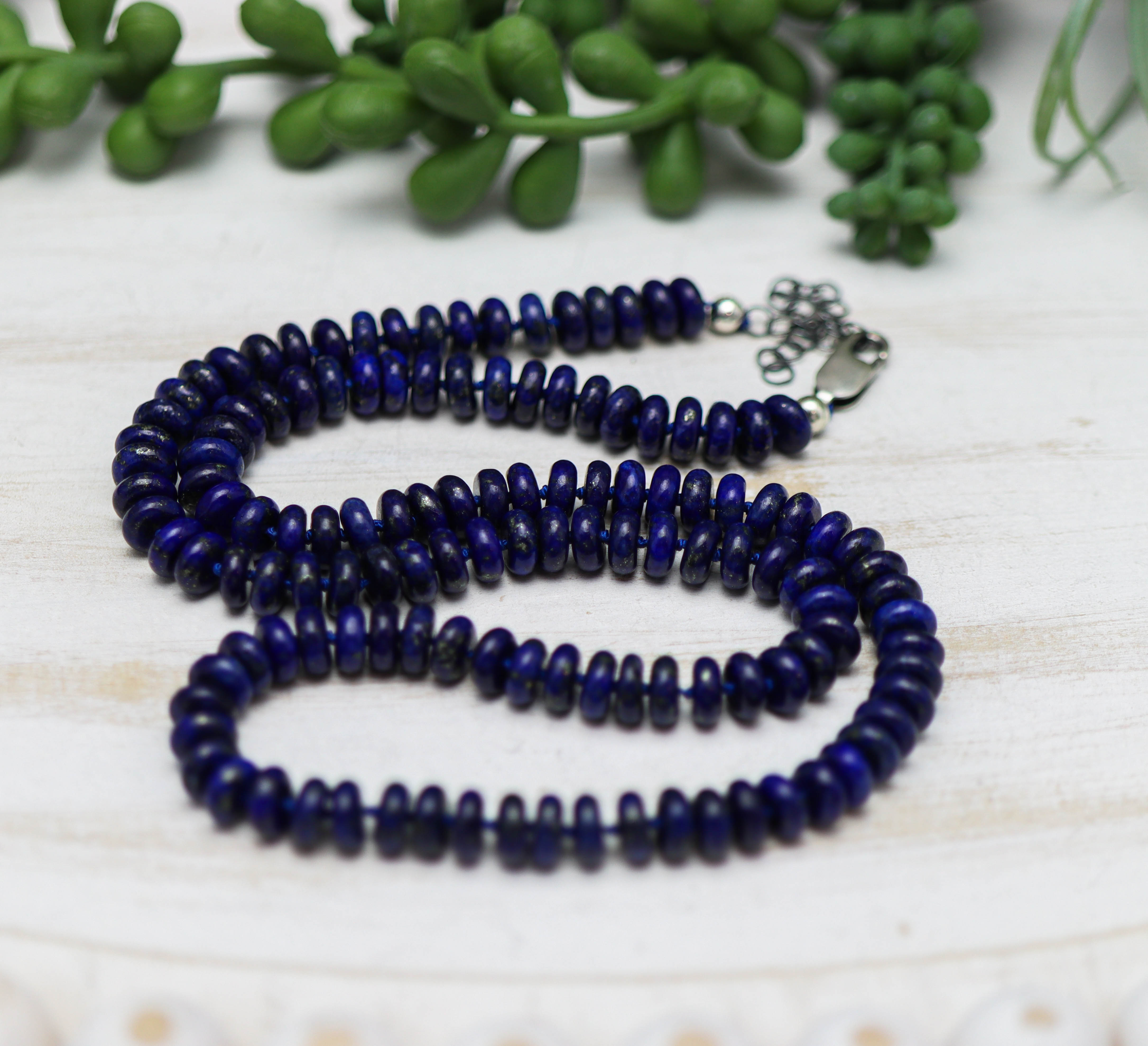 Blue Lapis Hand Knotted Bead Necklace Sterling Silver