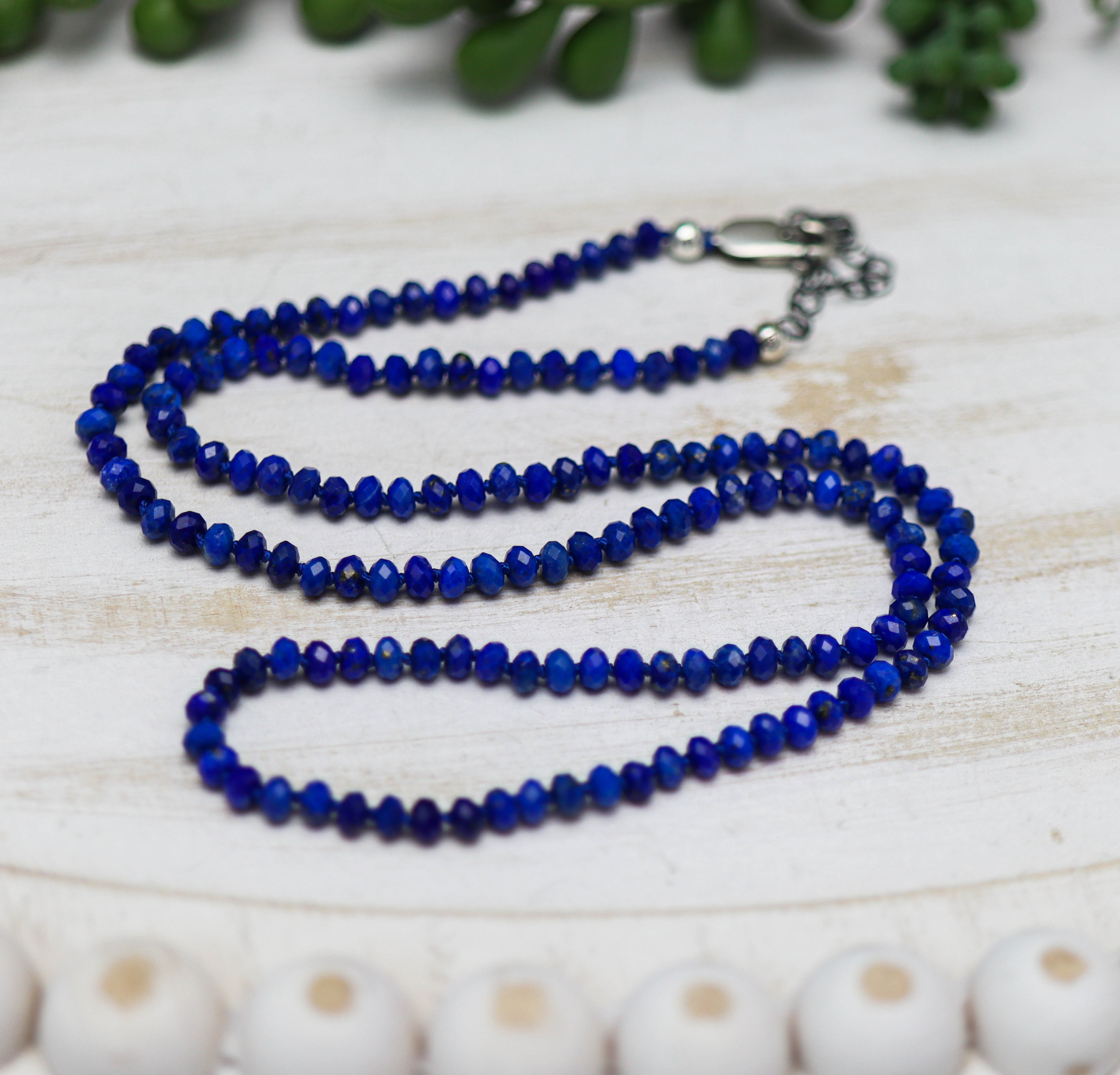 Blue Lapis Hand Knotted Bead Necklace Sterling Silver
