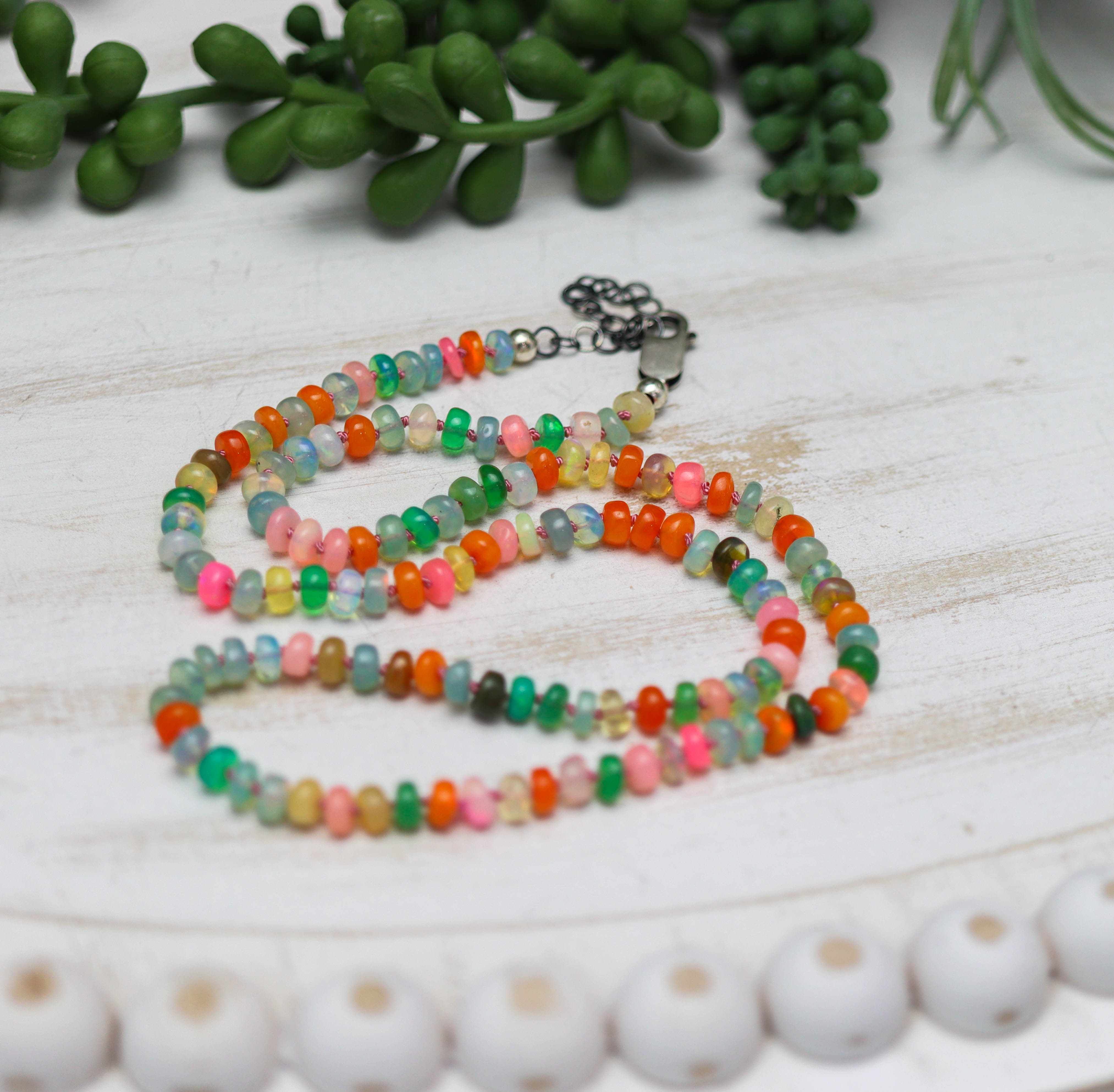 Dyed Multicolor Opal Hand-Knotted Strand Necklace in Sterling Silver