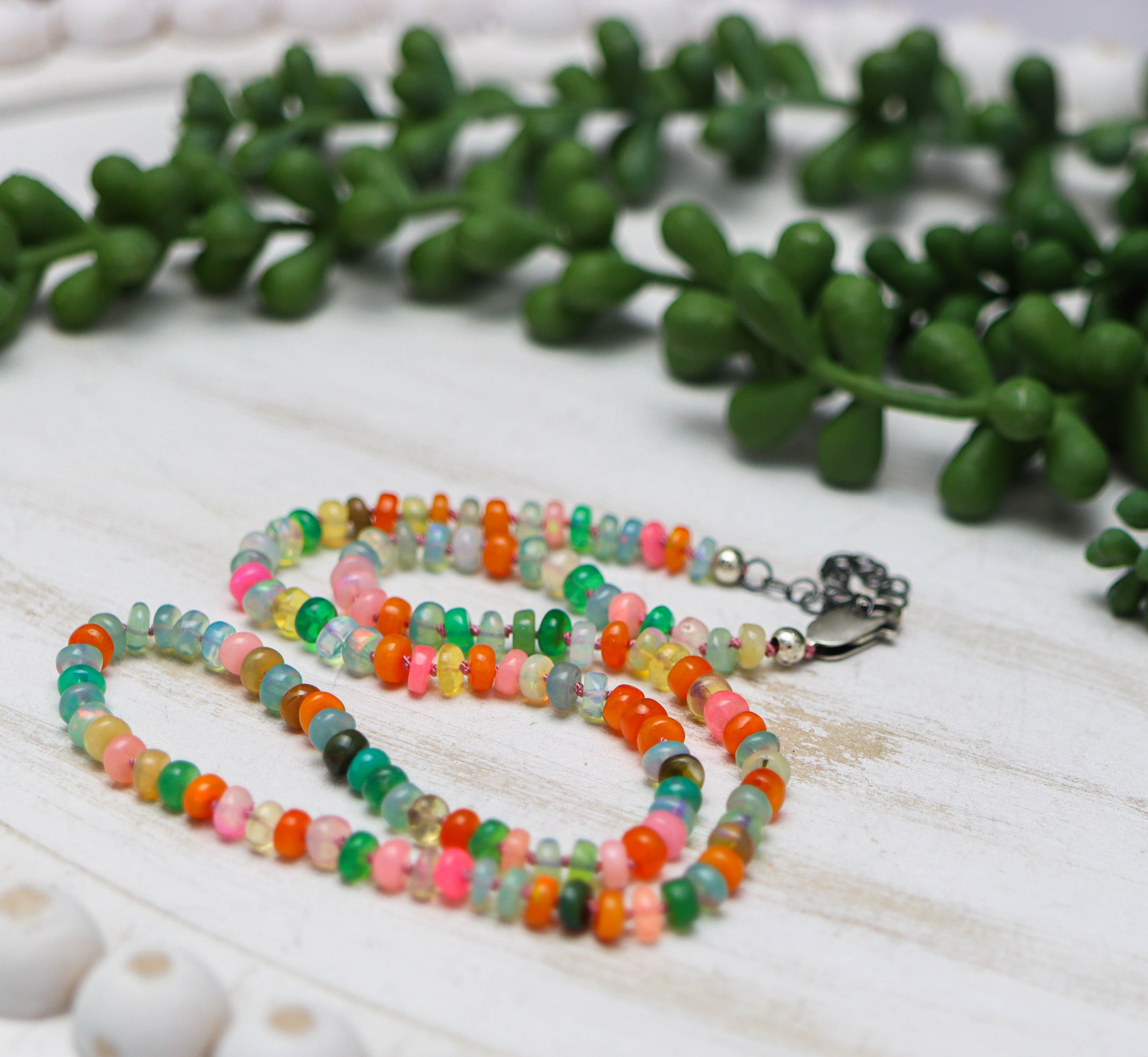 Dyed Multicolor Opal Hand-Knotted Strand Necklace in Sterling Silver