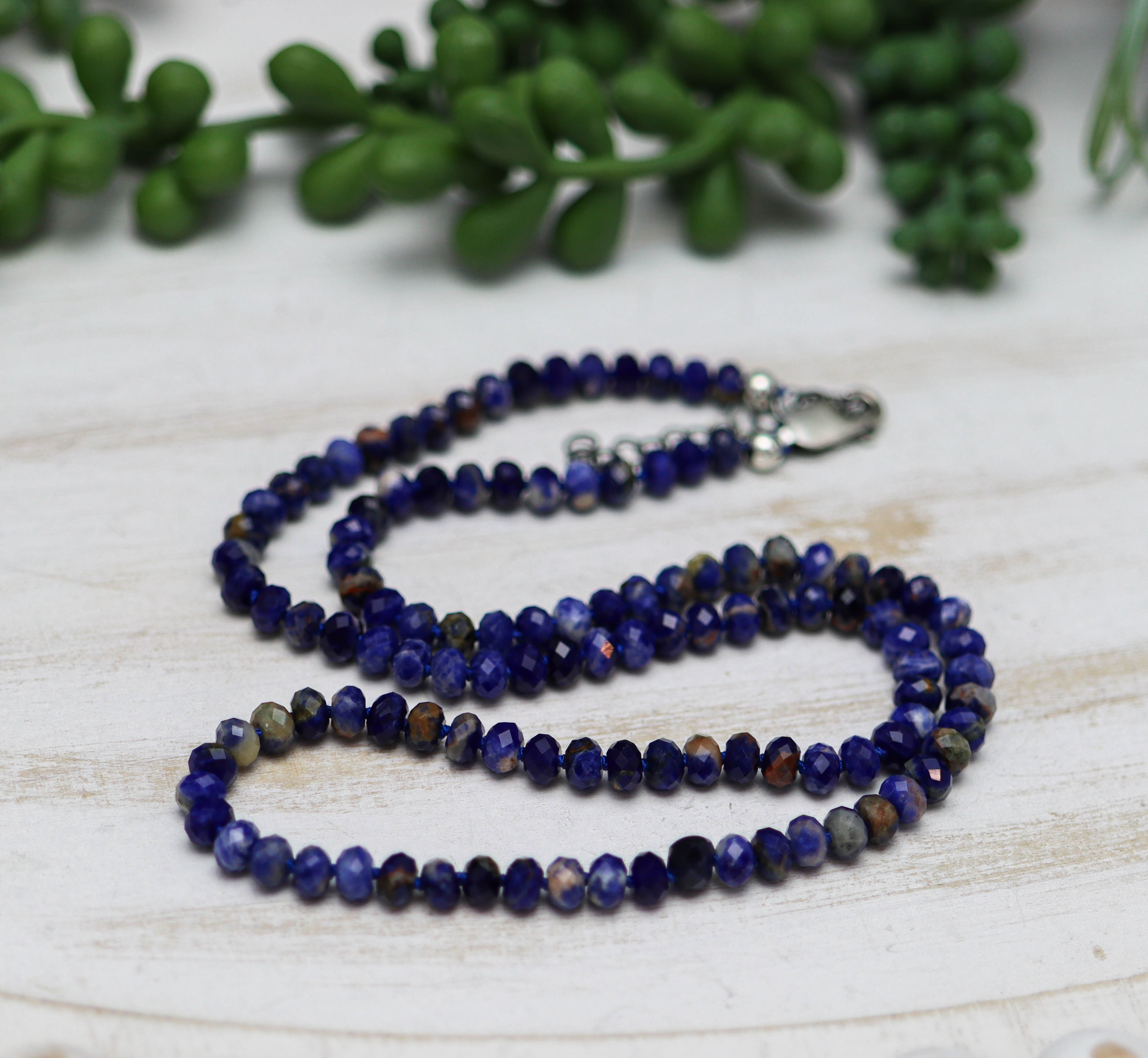 Blue Sodalite Hand Knotted Bead Necklace Sterling Silver