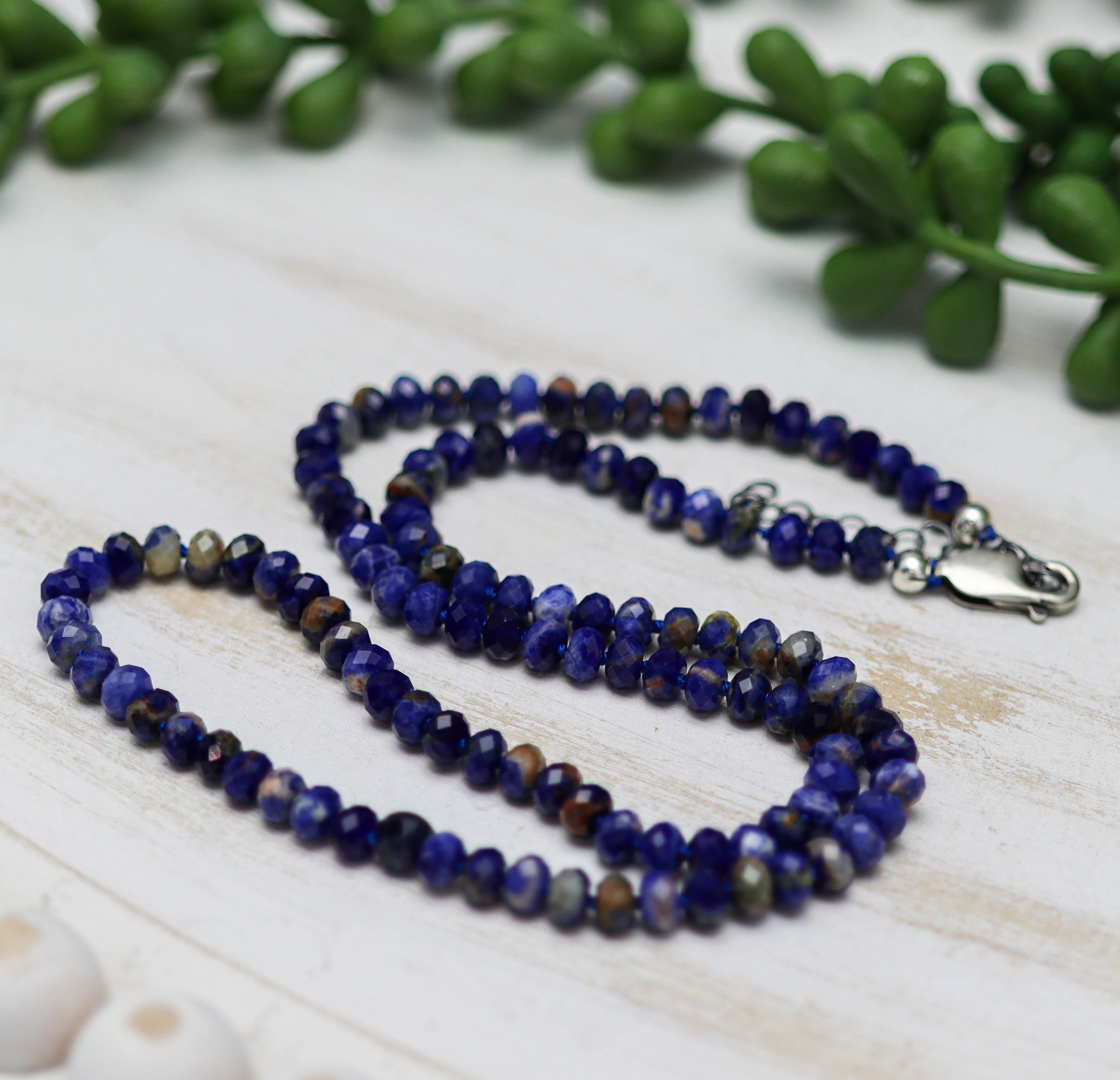 Blue Sodalite Hand Knotted Bead Necklace Sterling Silver
