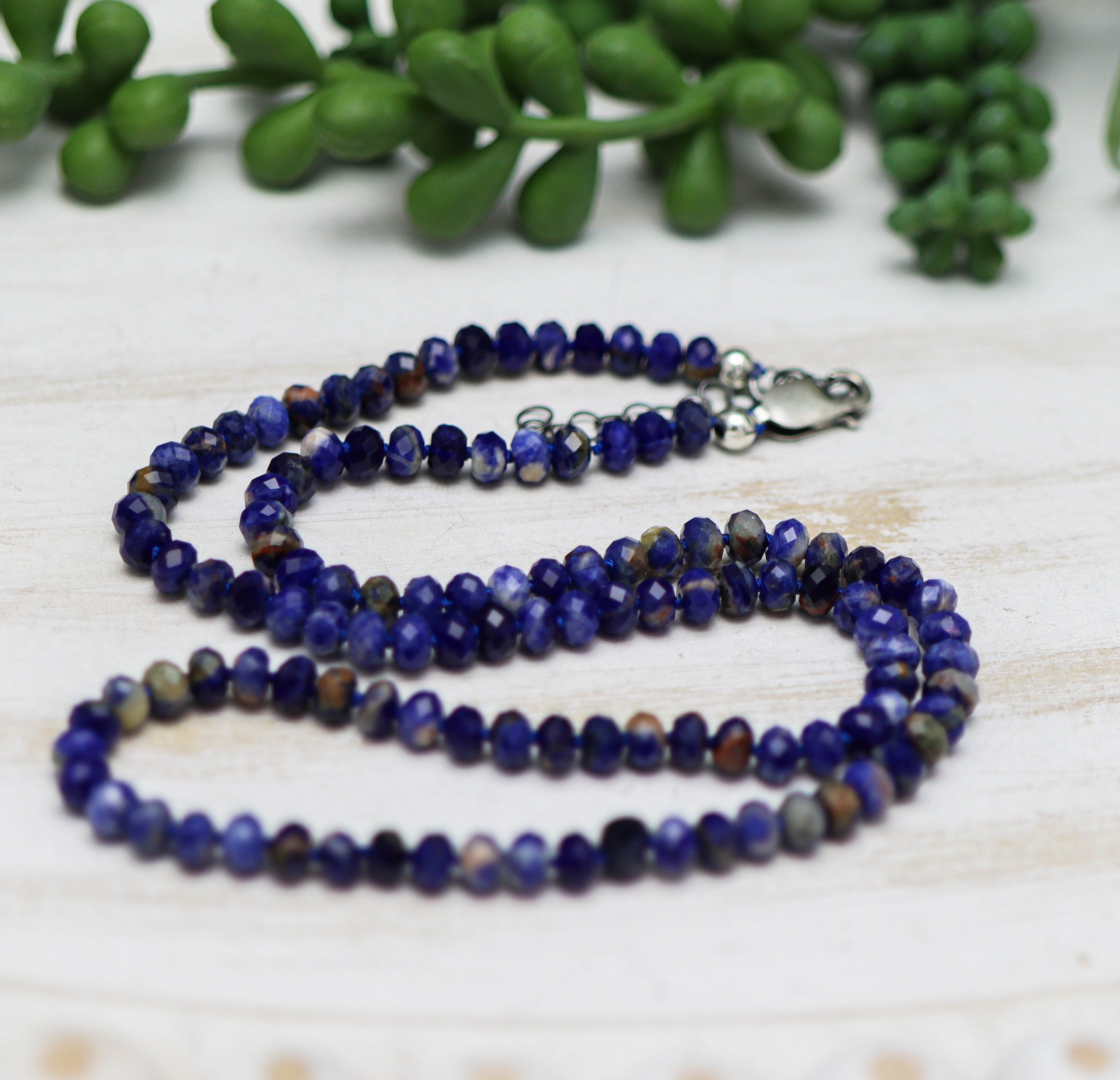 Blue Violet Iolite Hand Knotted Bead Necklace Sterling Silver 21 inch