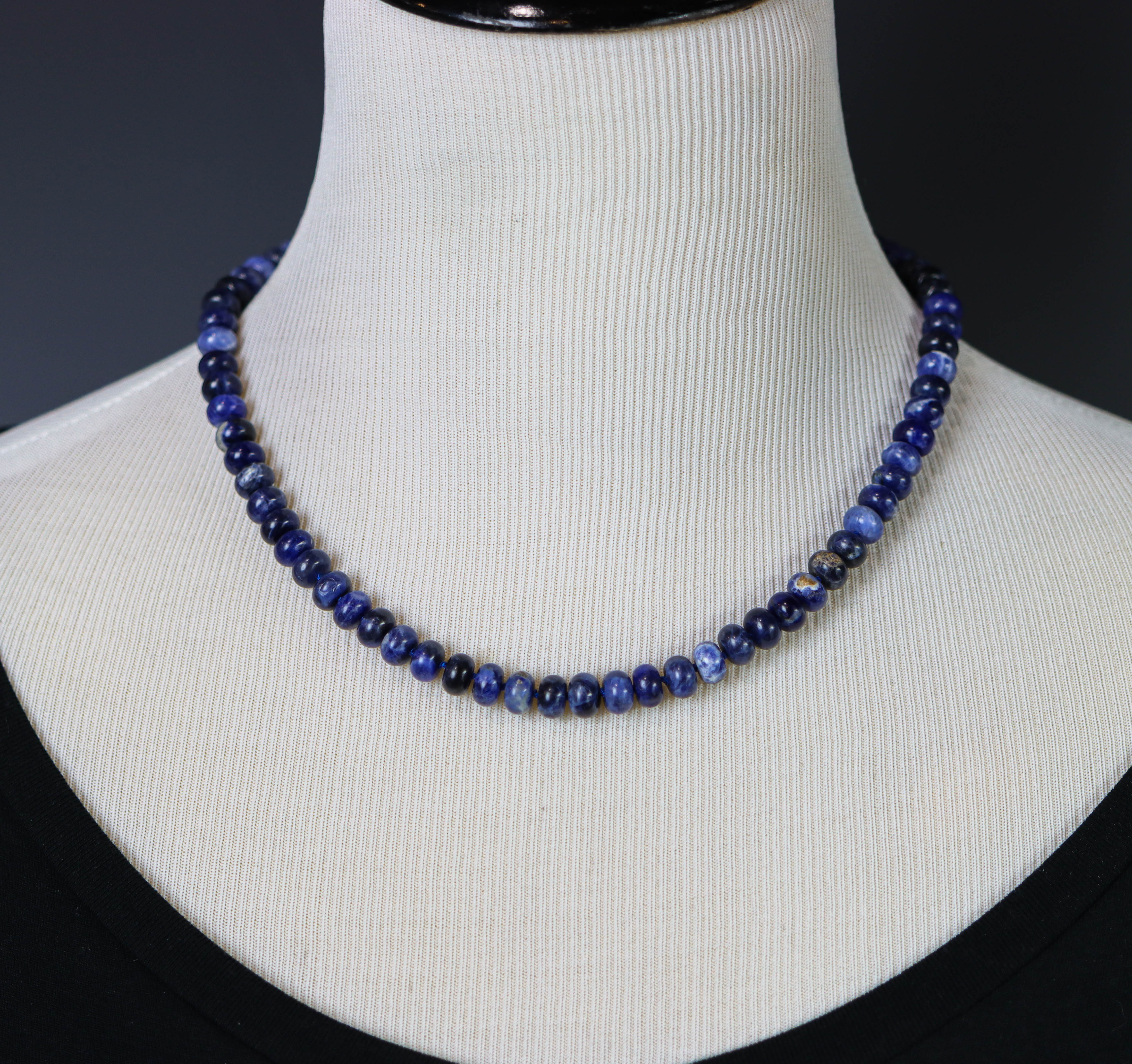 Blue Sodalite Hand Knotted Bead Necklace Sterling Silver