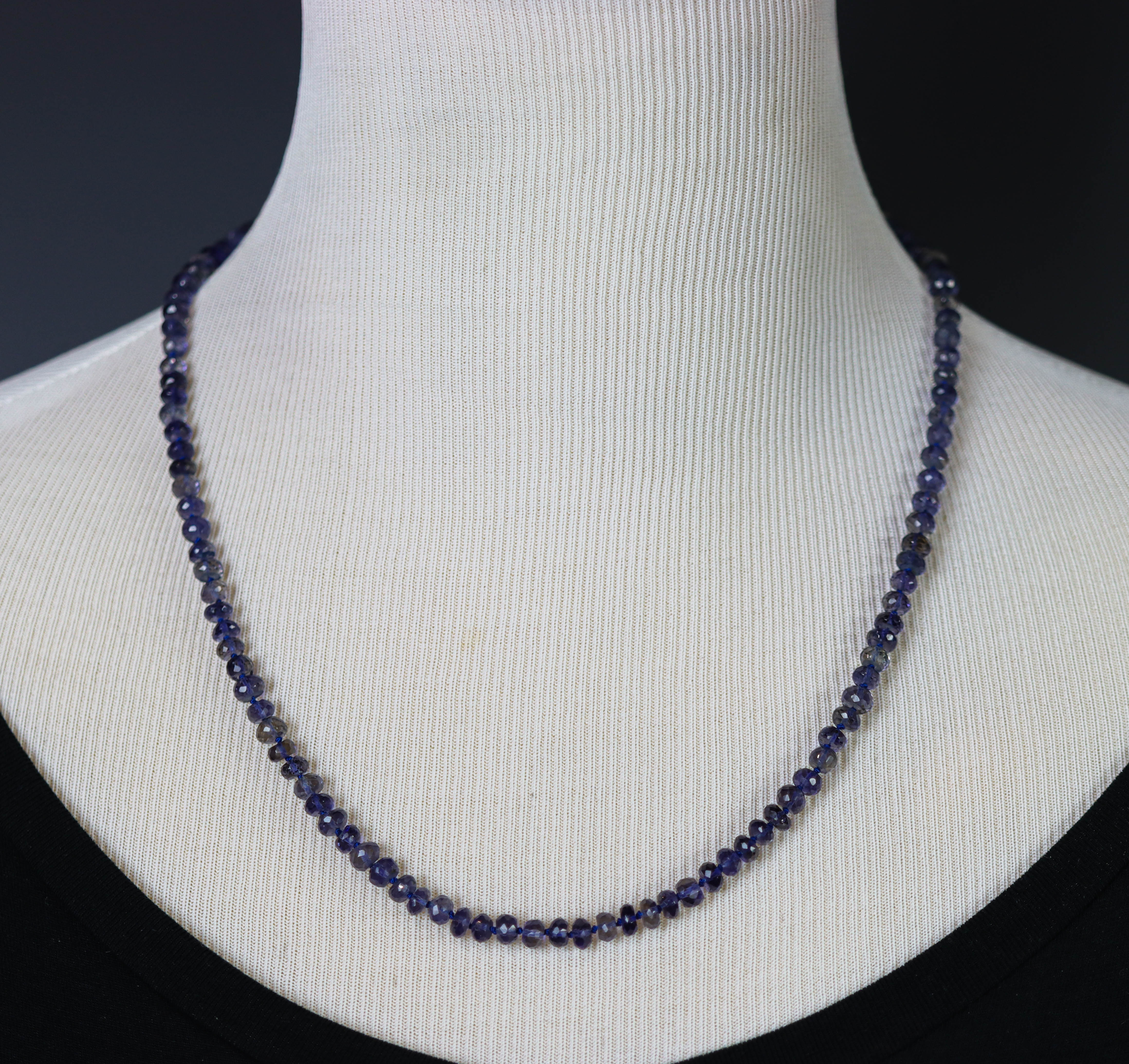 Blue Violet Iolite Hand Knotted Bead Necklace Sterling Silver 21 inch