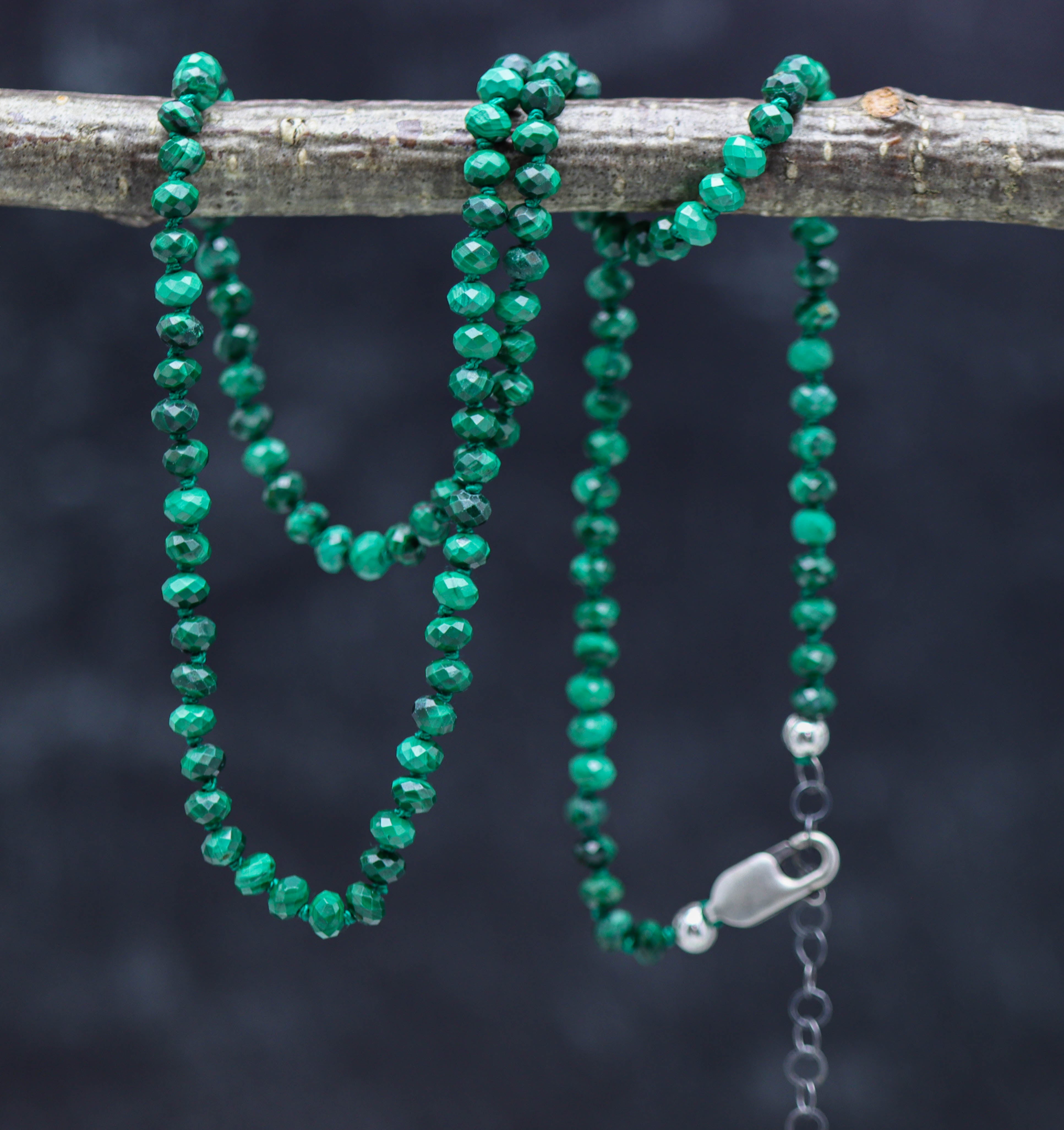 Malachite Hand Knotted Bead Necklace Sterling Silver