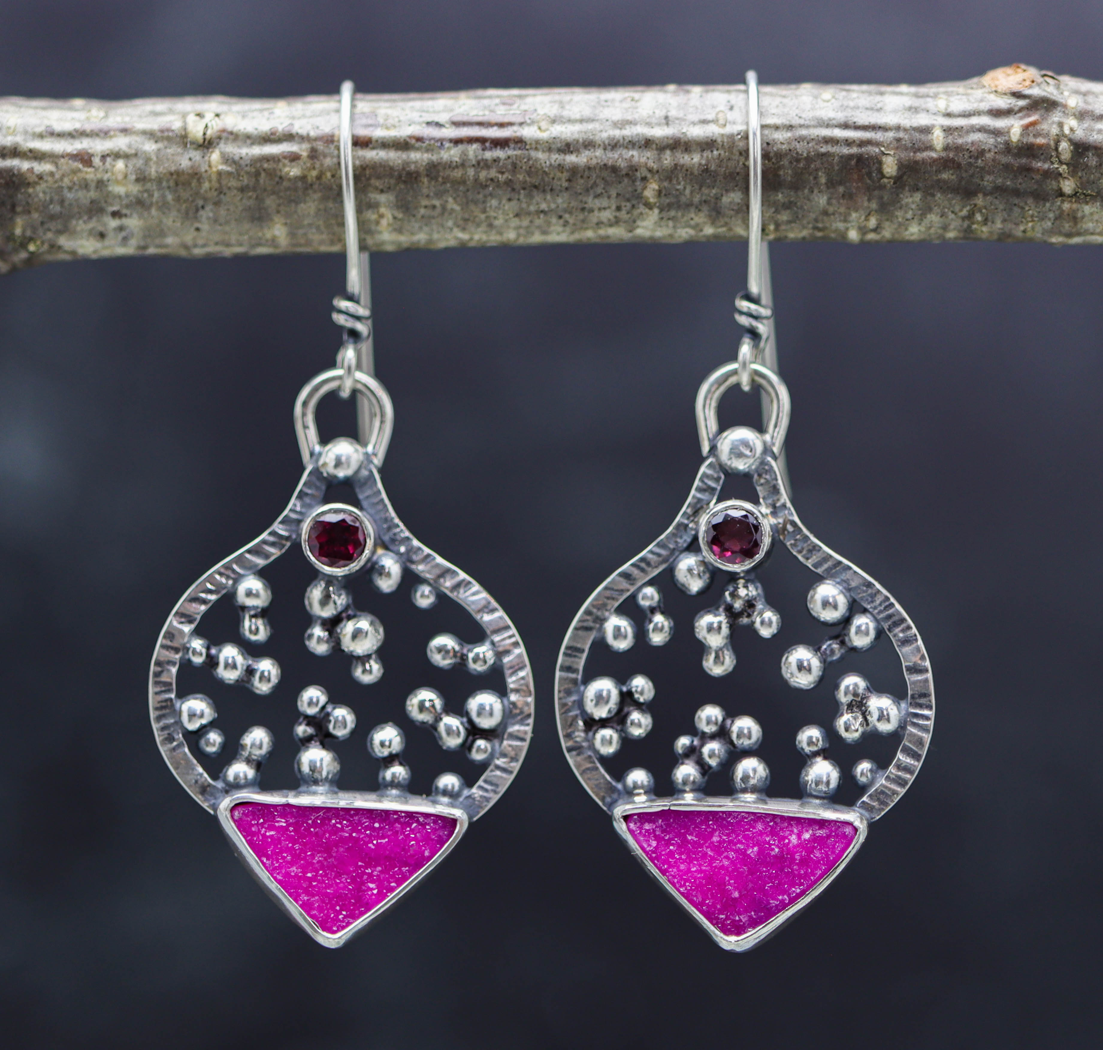 Cobalto Calcite and Rhodolite Garnet Sterling Silver Dangle Earrings