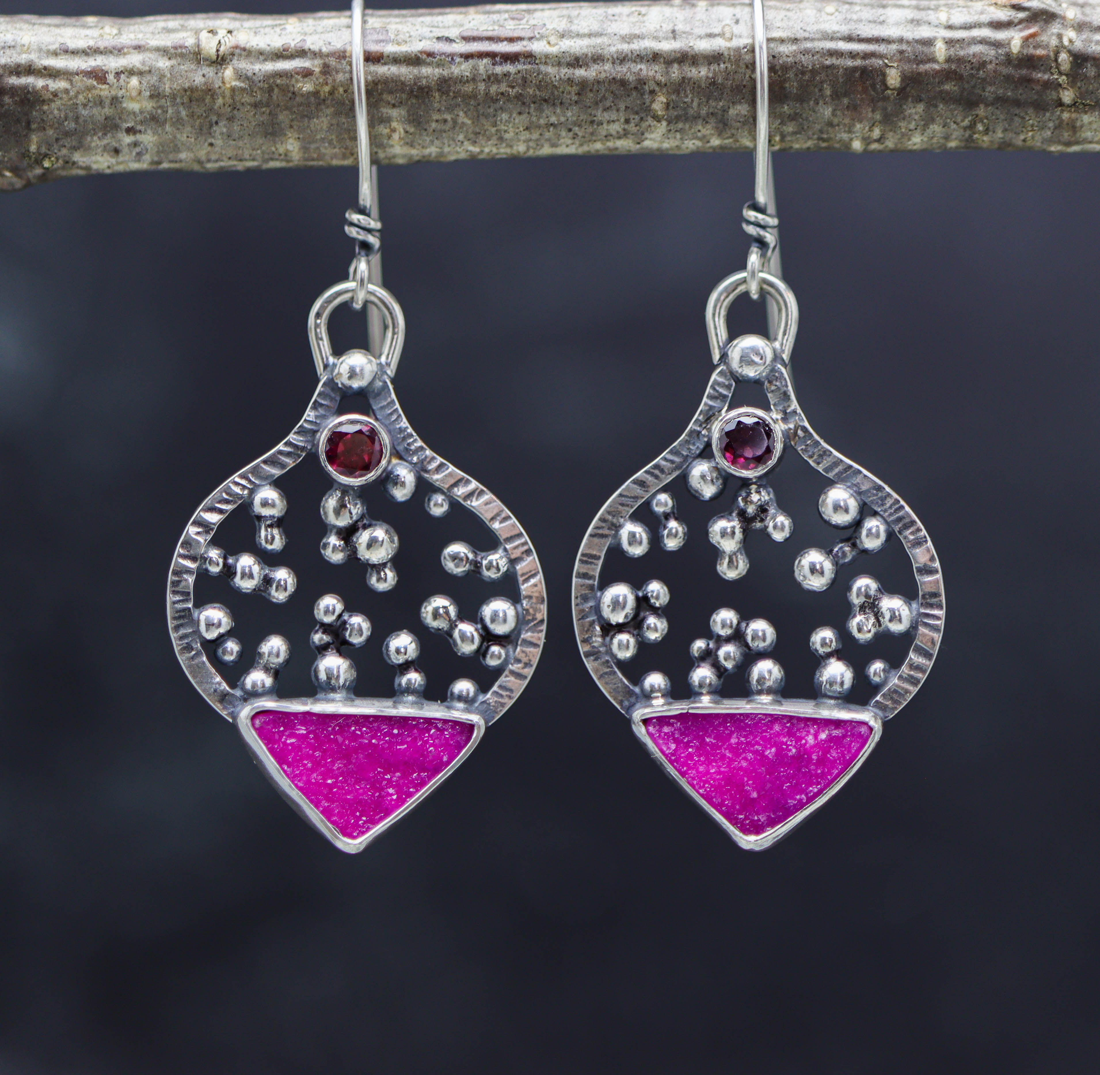 Cobalto Calcite and Rhodolite Garnet Sterling Silver Dangle Earrings