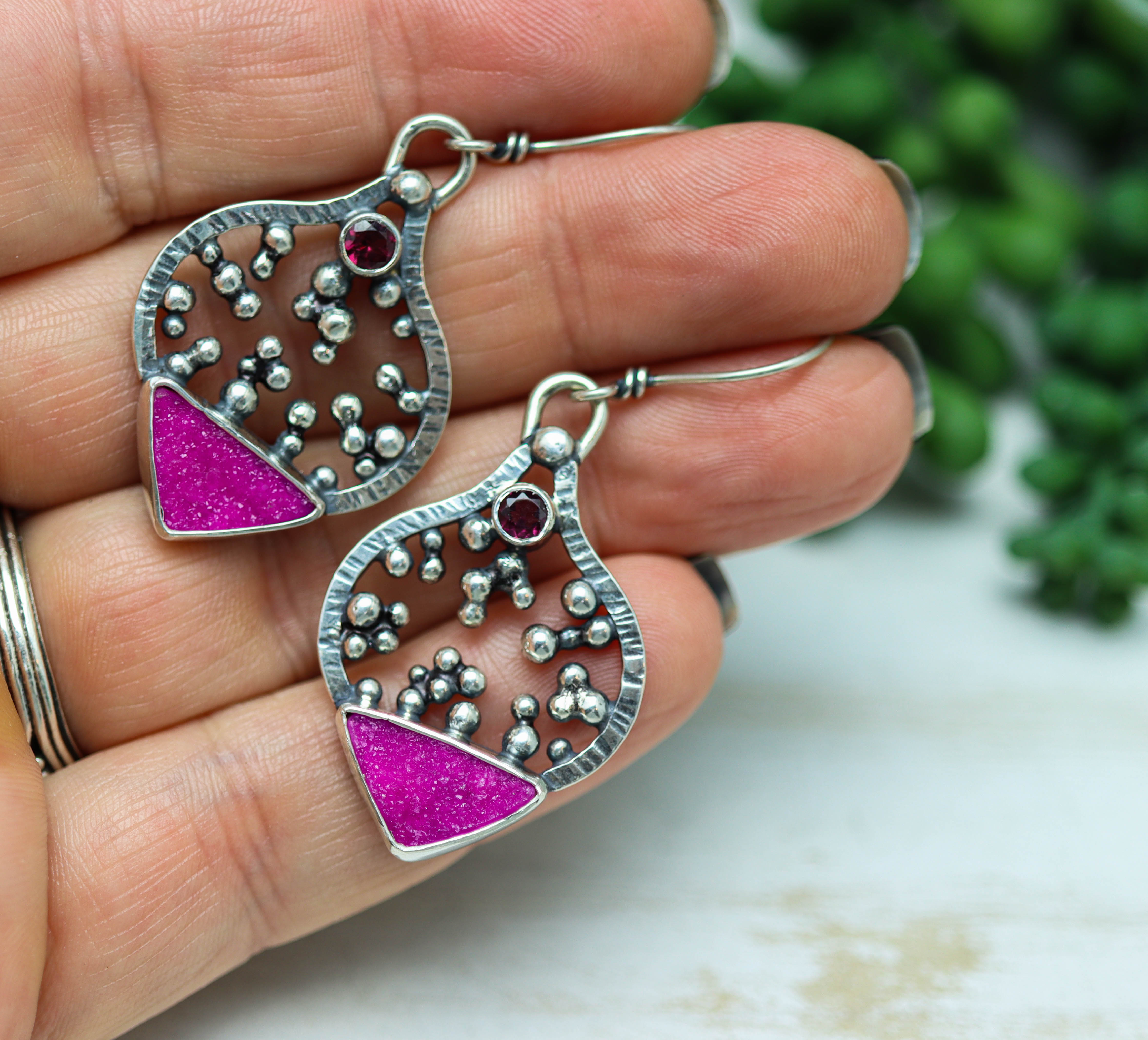 Cobalto Calcite and Rhodolite Garnet Sterling Silver Dangle Earrings