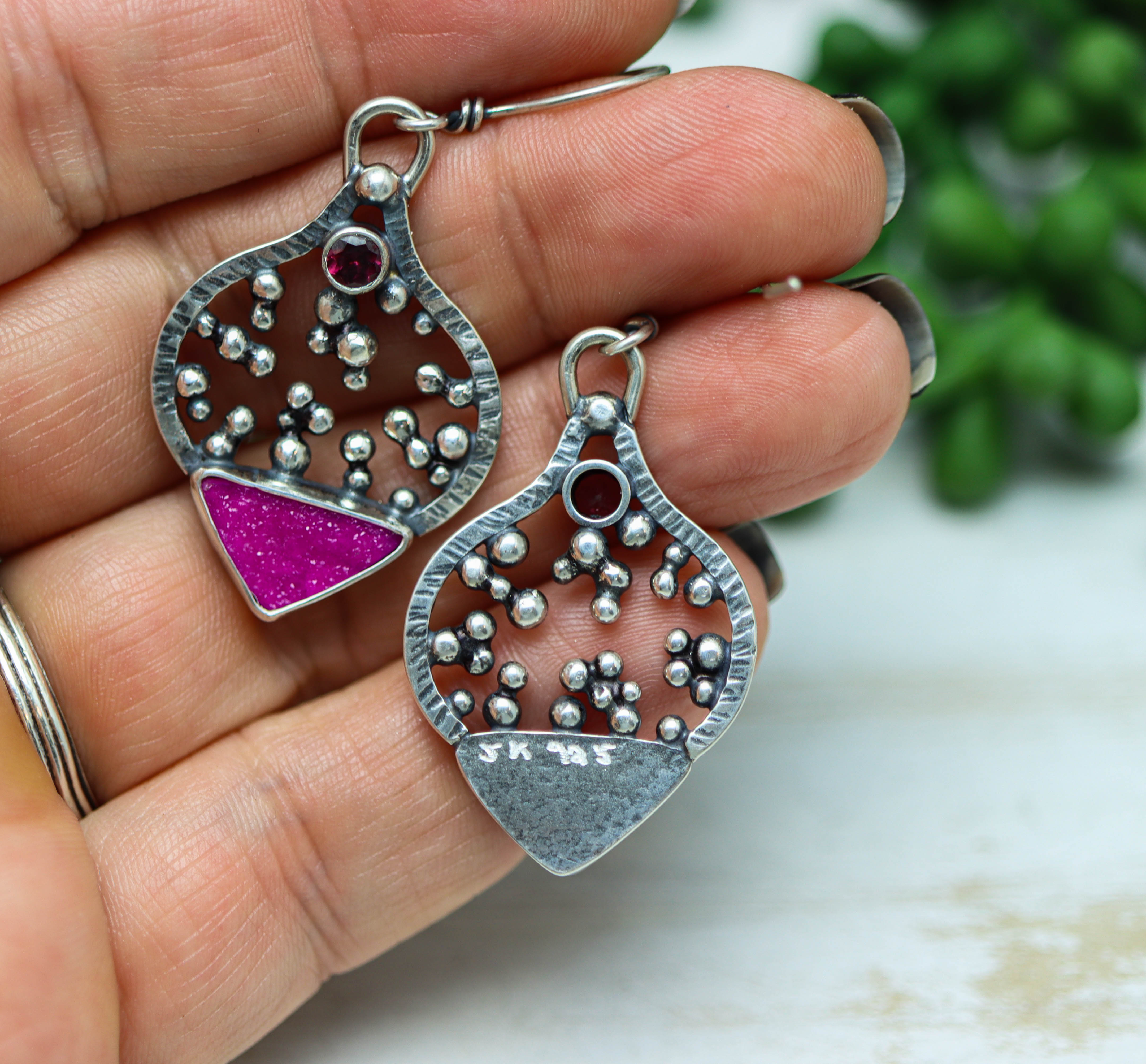 Cobalto Calcite and Rhodolite Garnet Sterling Silver Dangle Earrings