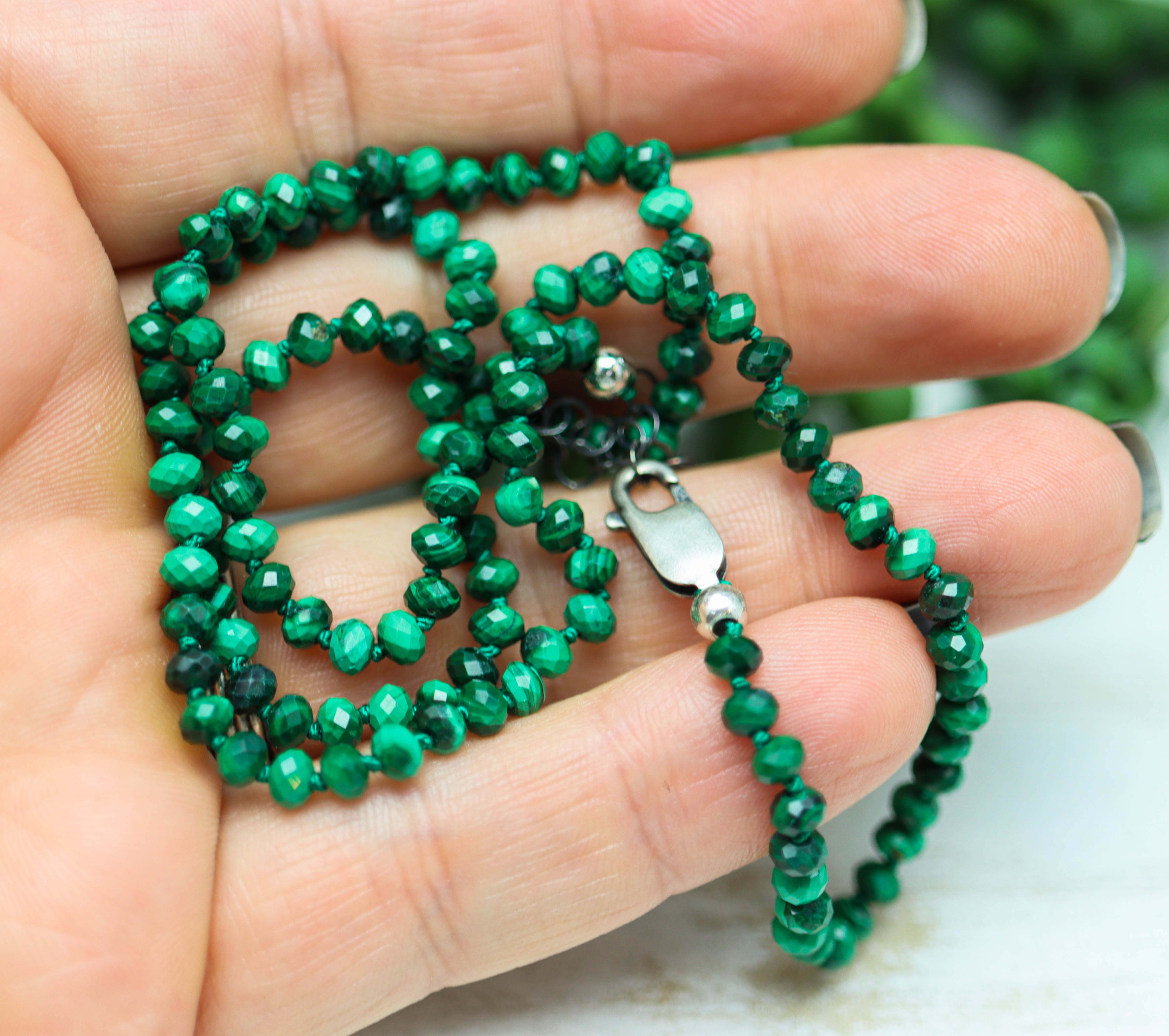 Malachite Hand Knotted Bead Necklace Sterling Silver
