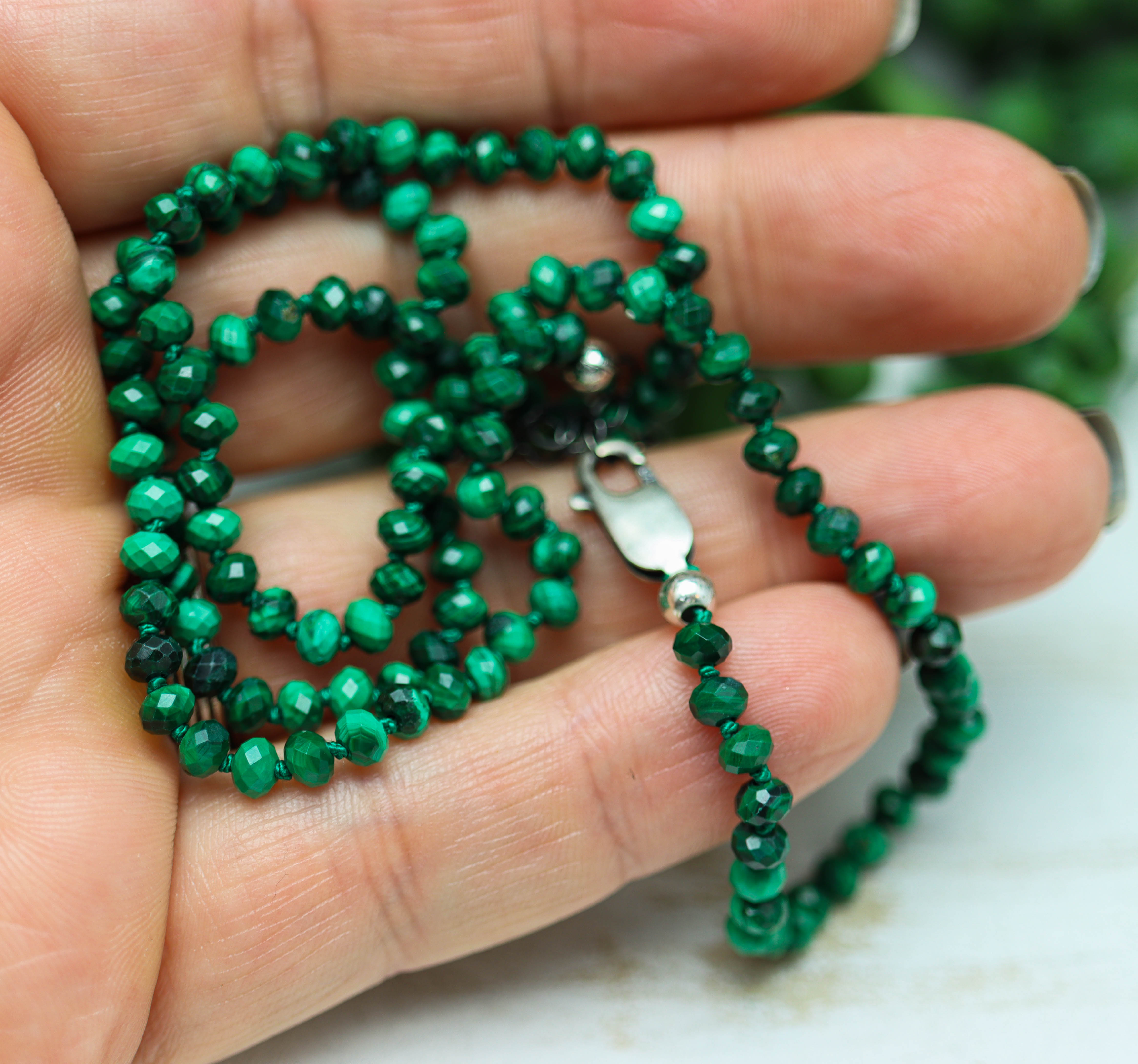 Malachite Hand Knotted Bead Necklace Sterling Silver
