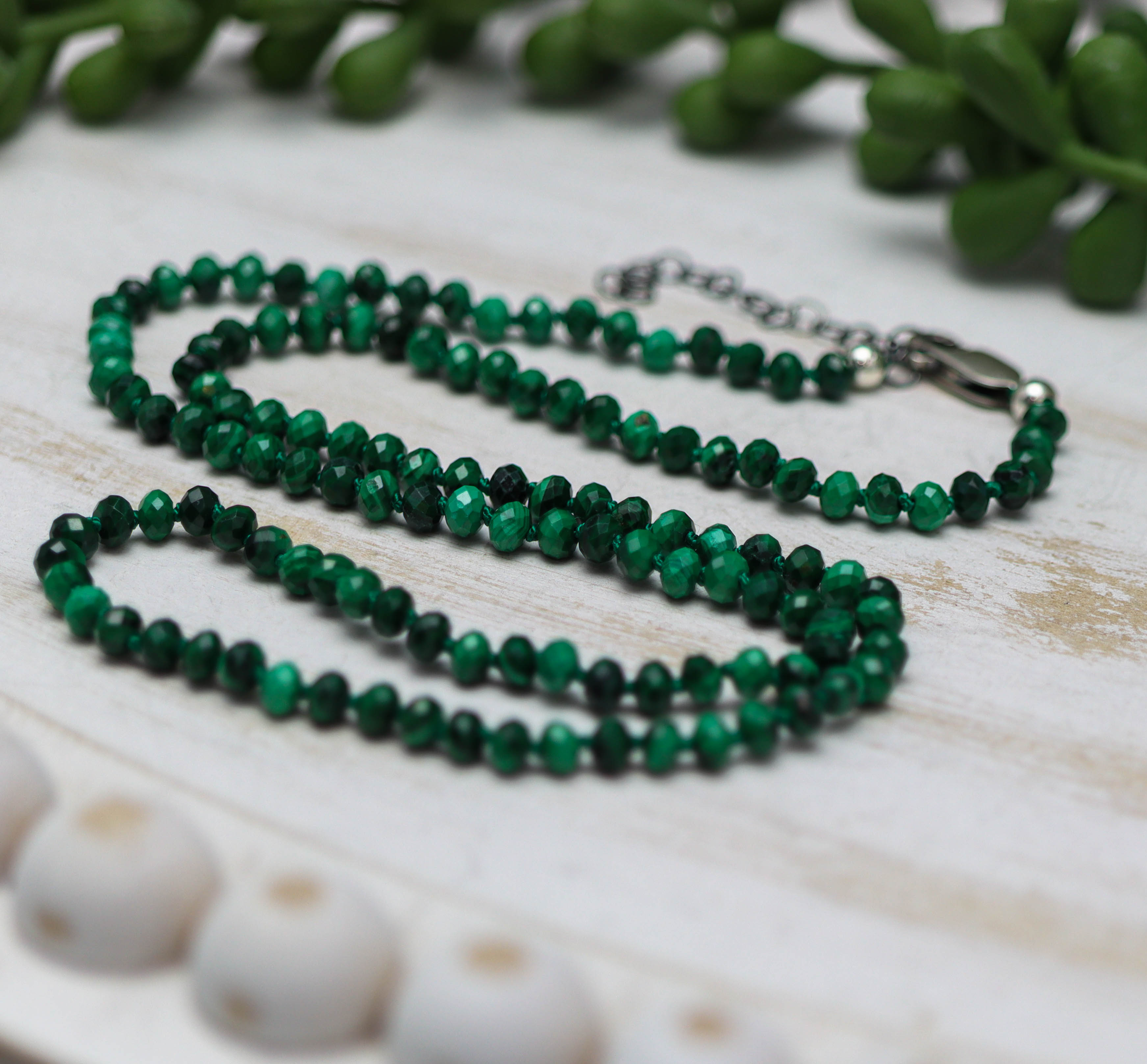 Malachite Hand Knotted Bead Necklace Sterling Silver