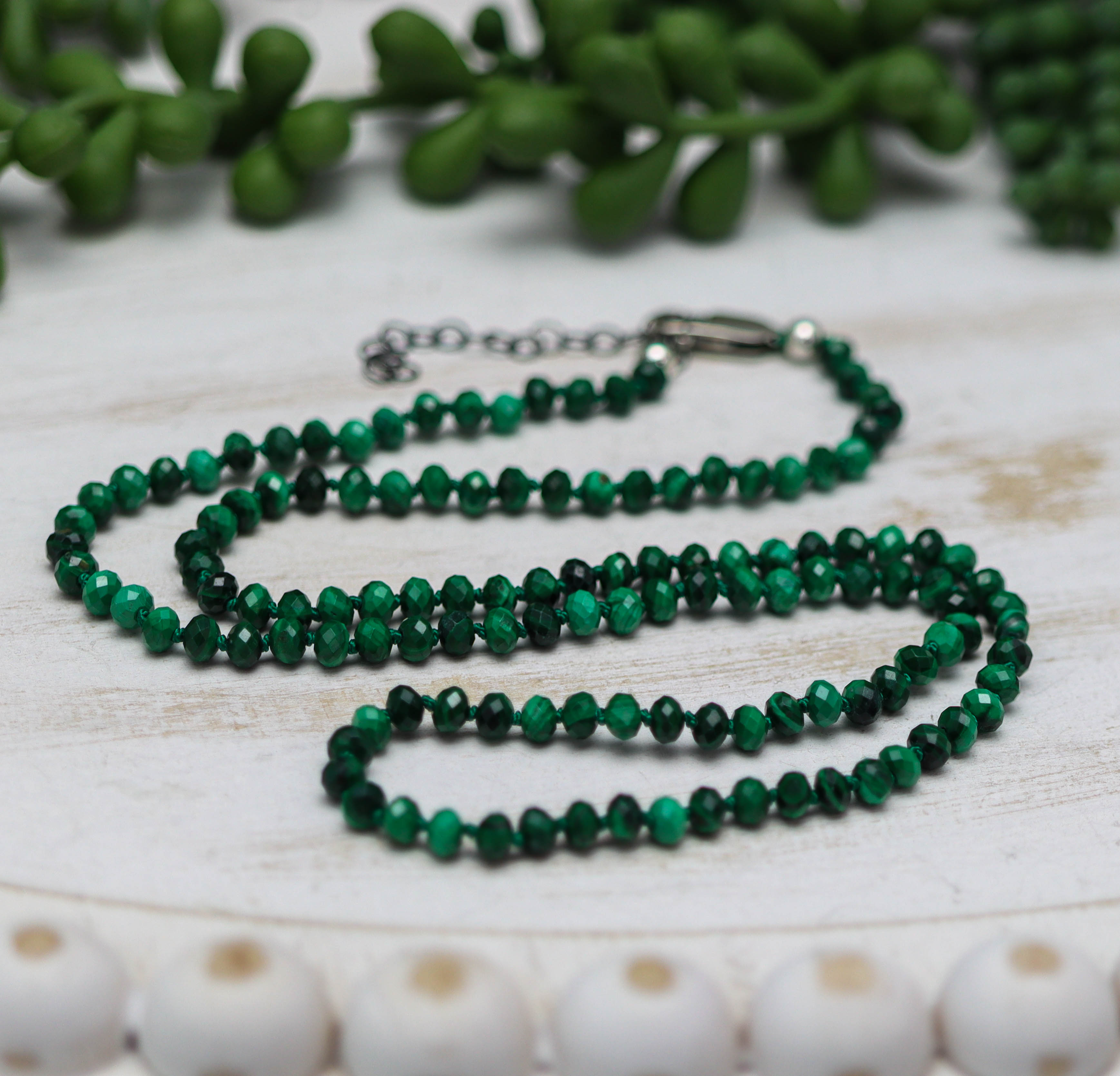Malachite Hand Knotted Bead Necklace Sterling Silver