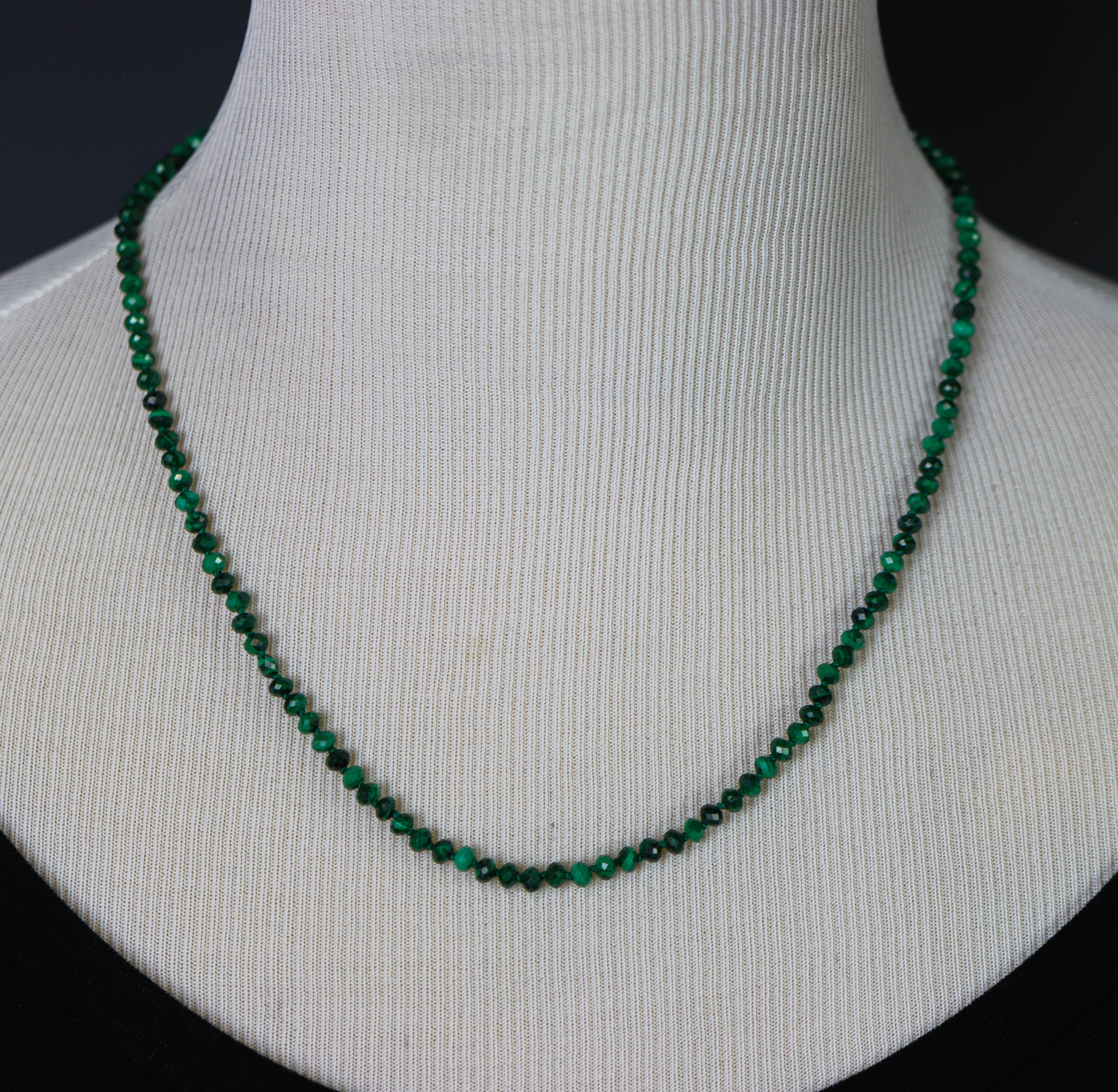 Malachite Hand Knotted Bead Necklace Sterling Silver