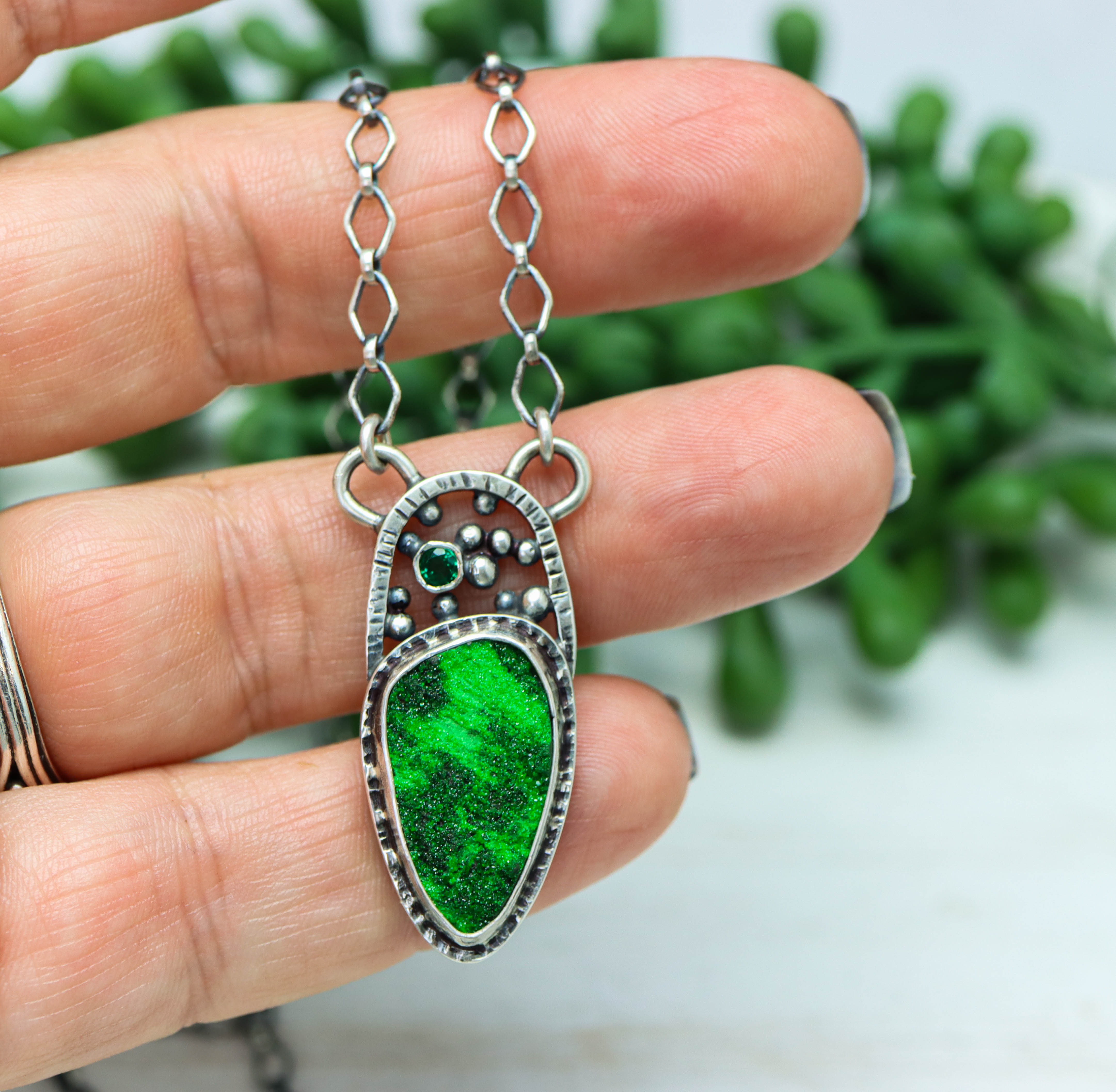 Emerald and Uvarovite Garnet Necklace in Sterling Silver