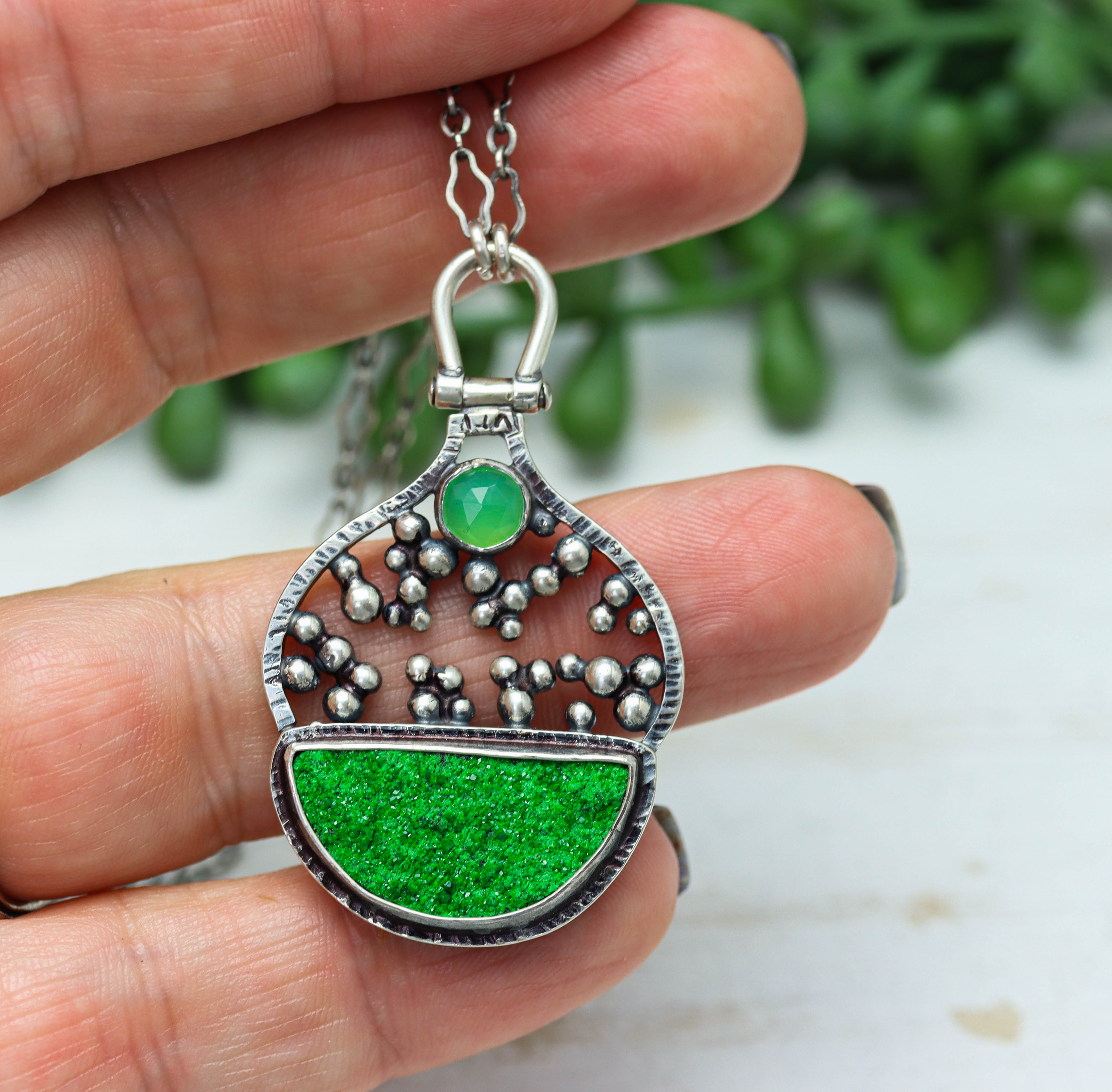 Chrysoprase and Uvarovite Garnet Necklace in Sterling Silver