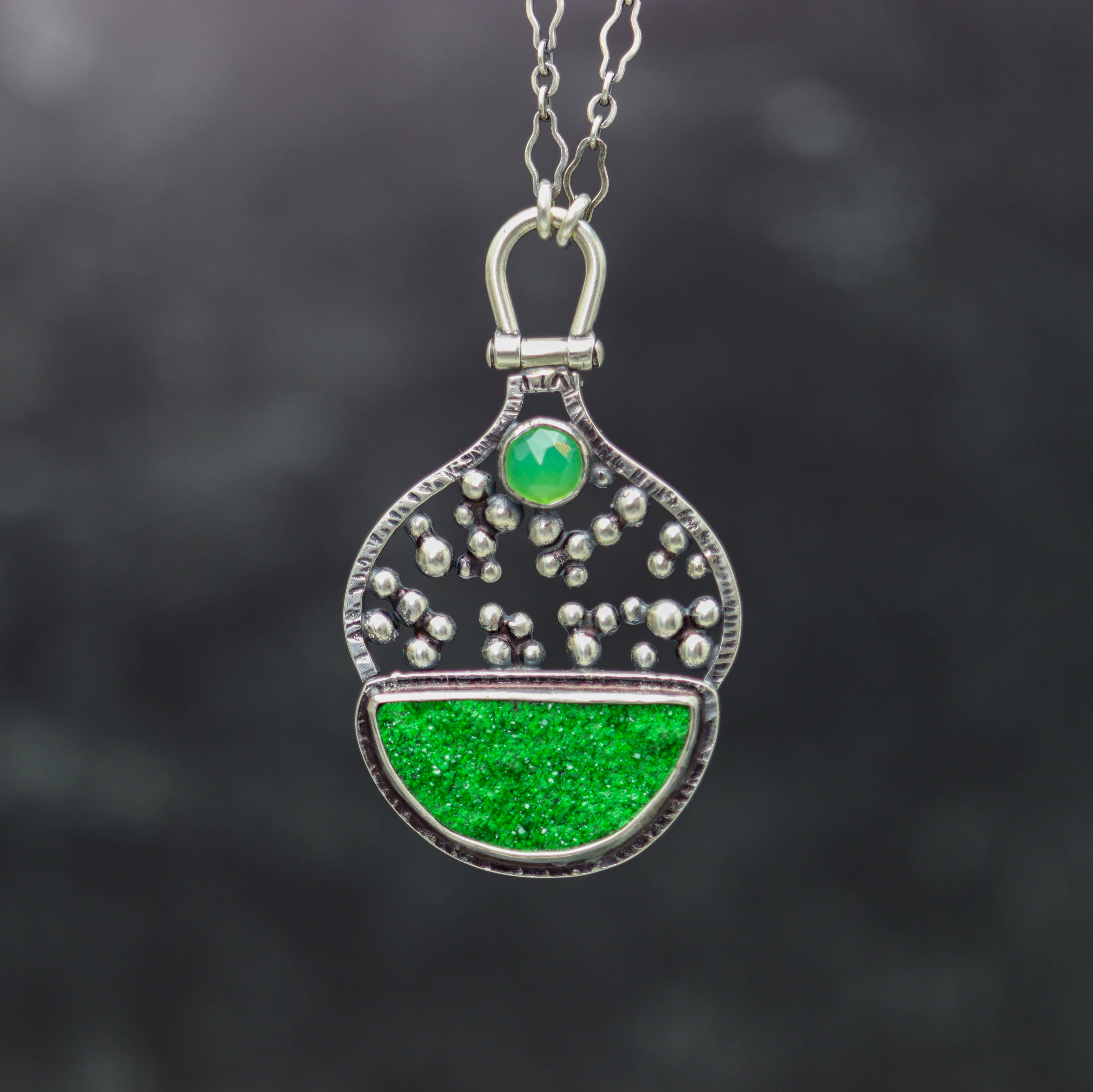 Chrysoprase and Uvarovite Garnet Necklace in Sterling Silver