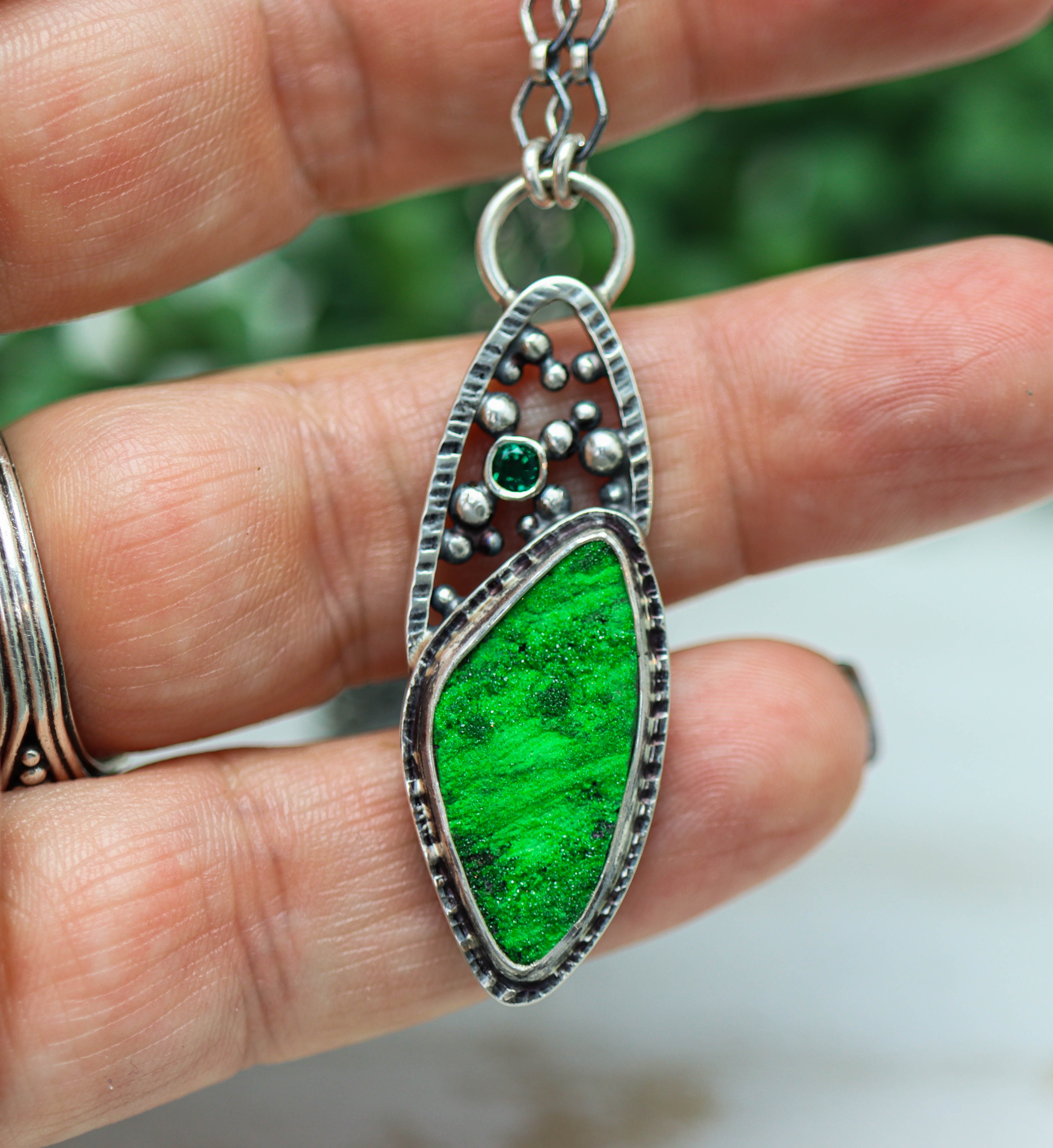 Emerald and Uvarovite Garnet Necklace in Sterling Silver