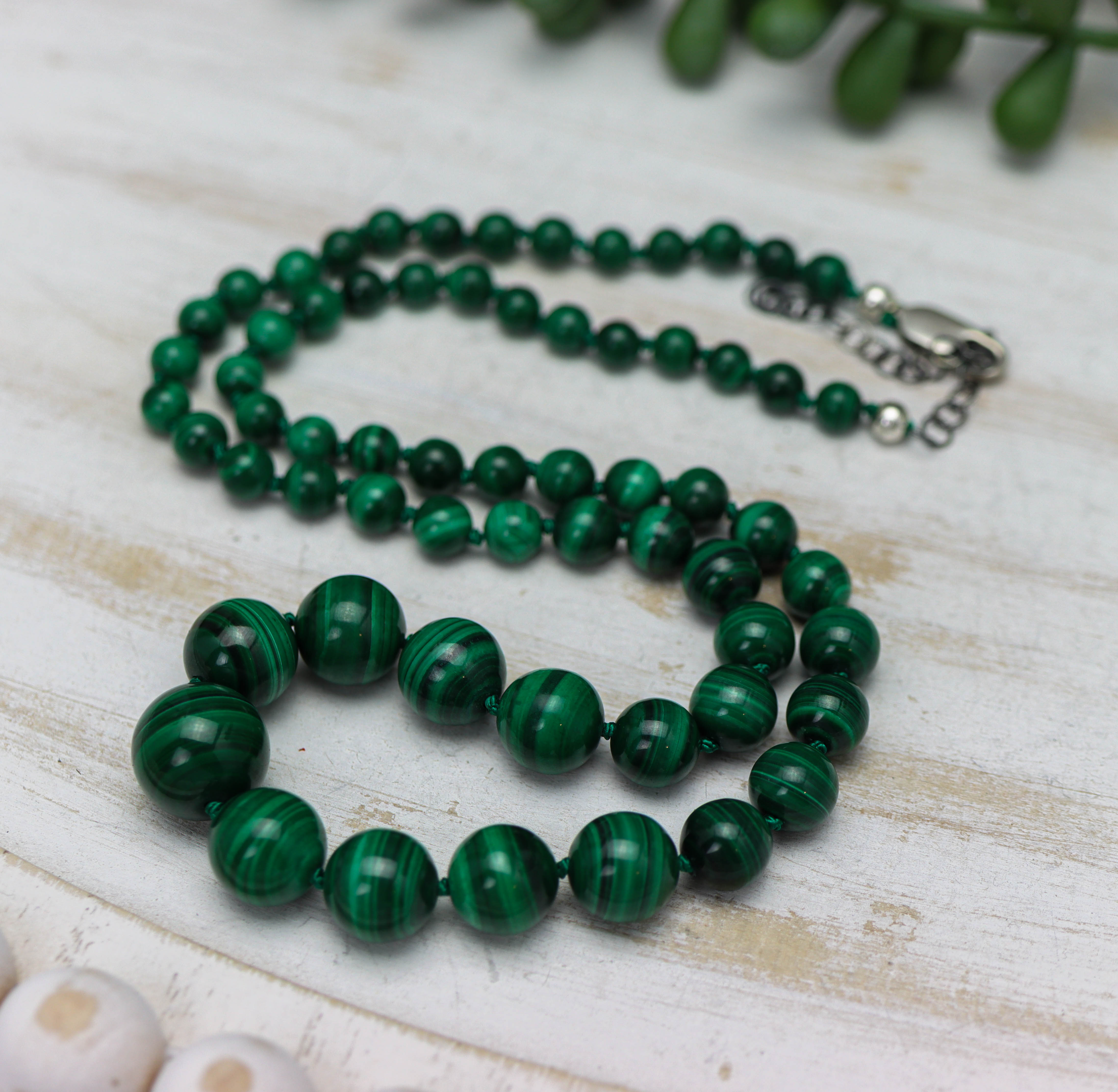 Malachite Hand Knotted Bead Necklace Sterling Silver