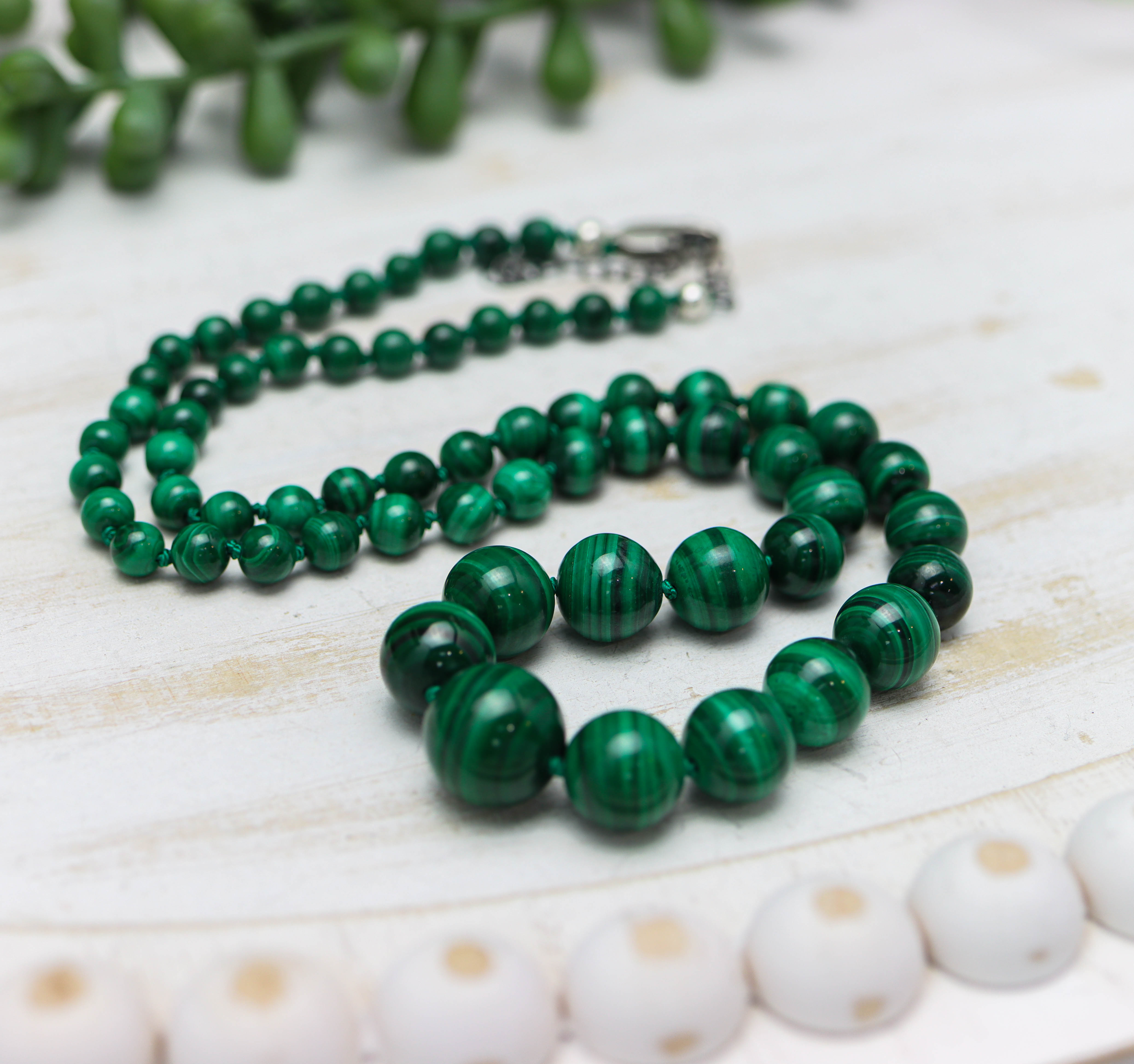 Malachite Hand Knotted Bead Necklace Sterling Silver