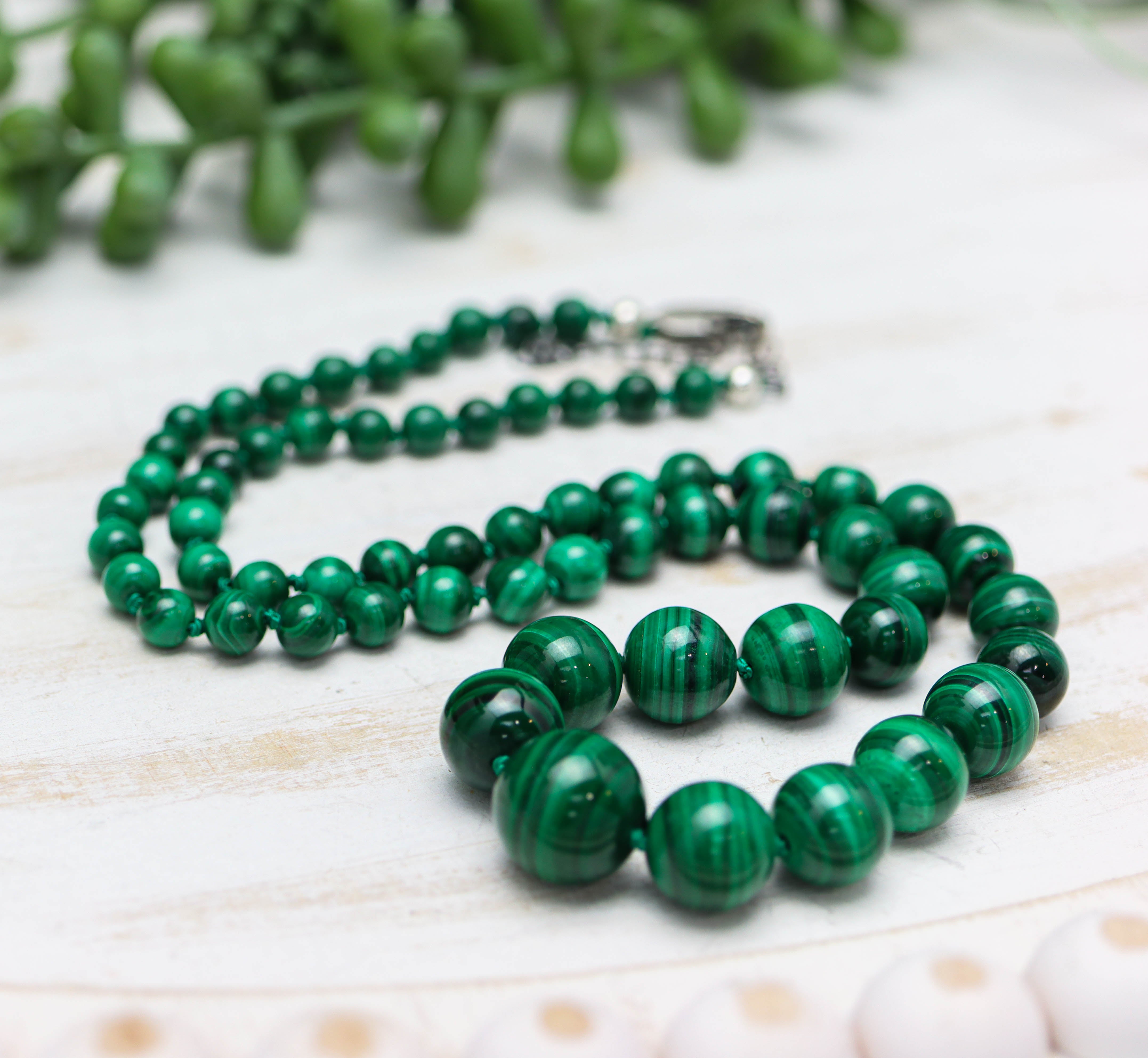 Malachite Hand Knotted Bead Necklace Sterling Silver