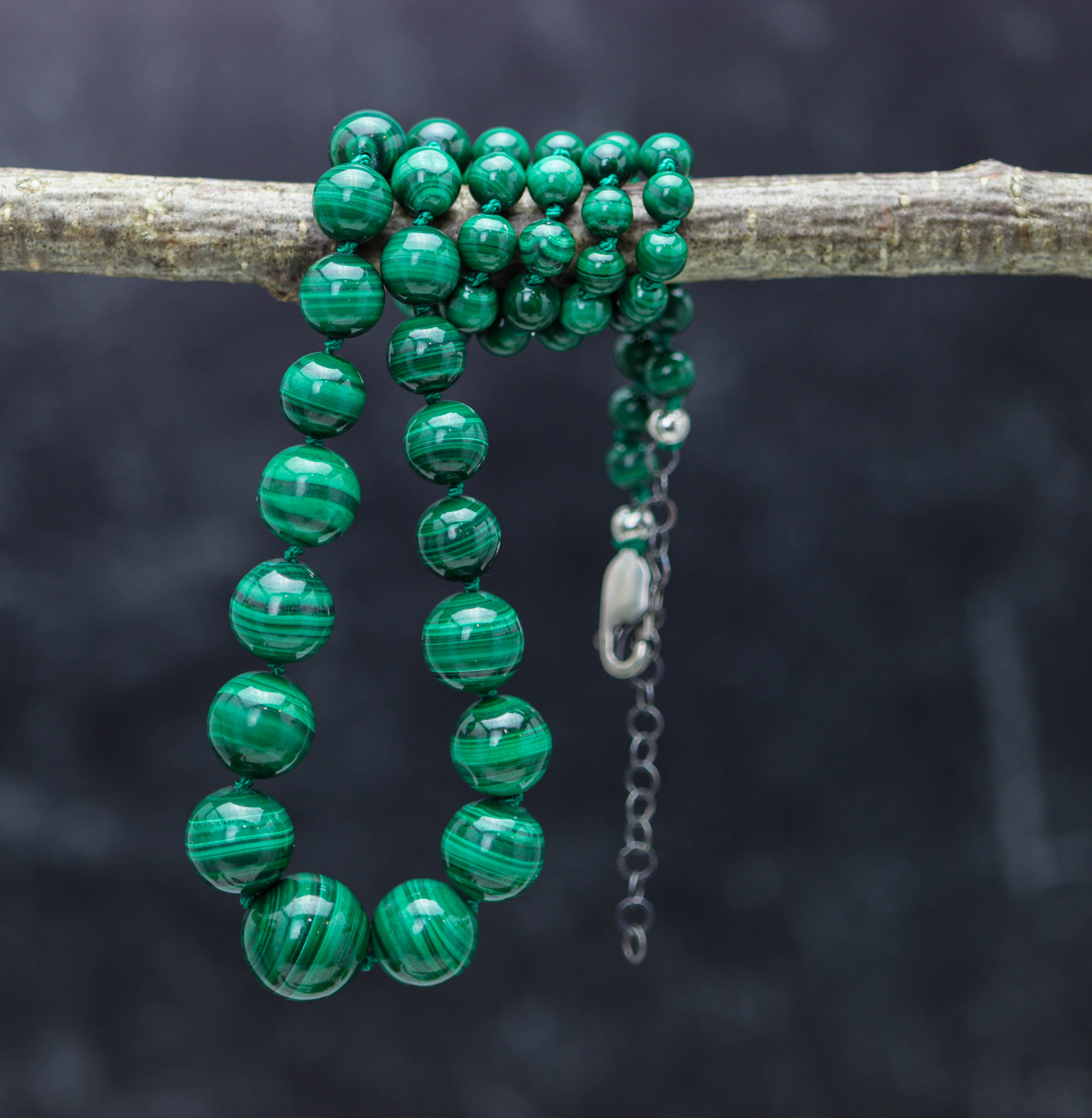 Malachite Hand Knotted Bead Necklace Sterling Silver