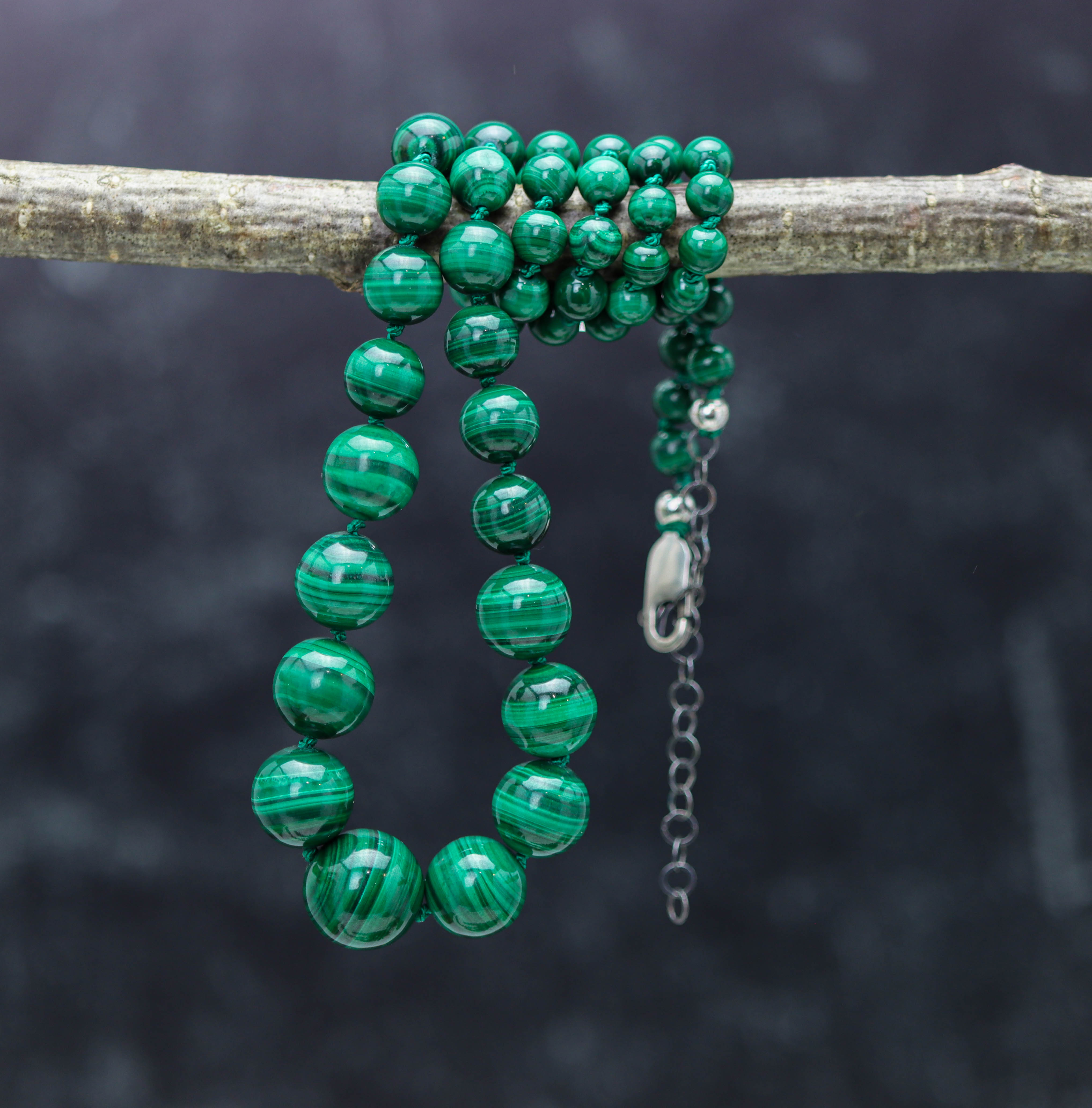 Malachite Hand Knotted Bead Necklace Sterling Silver