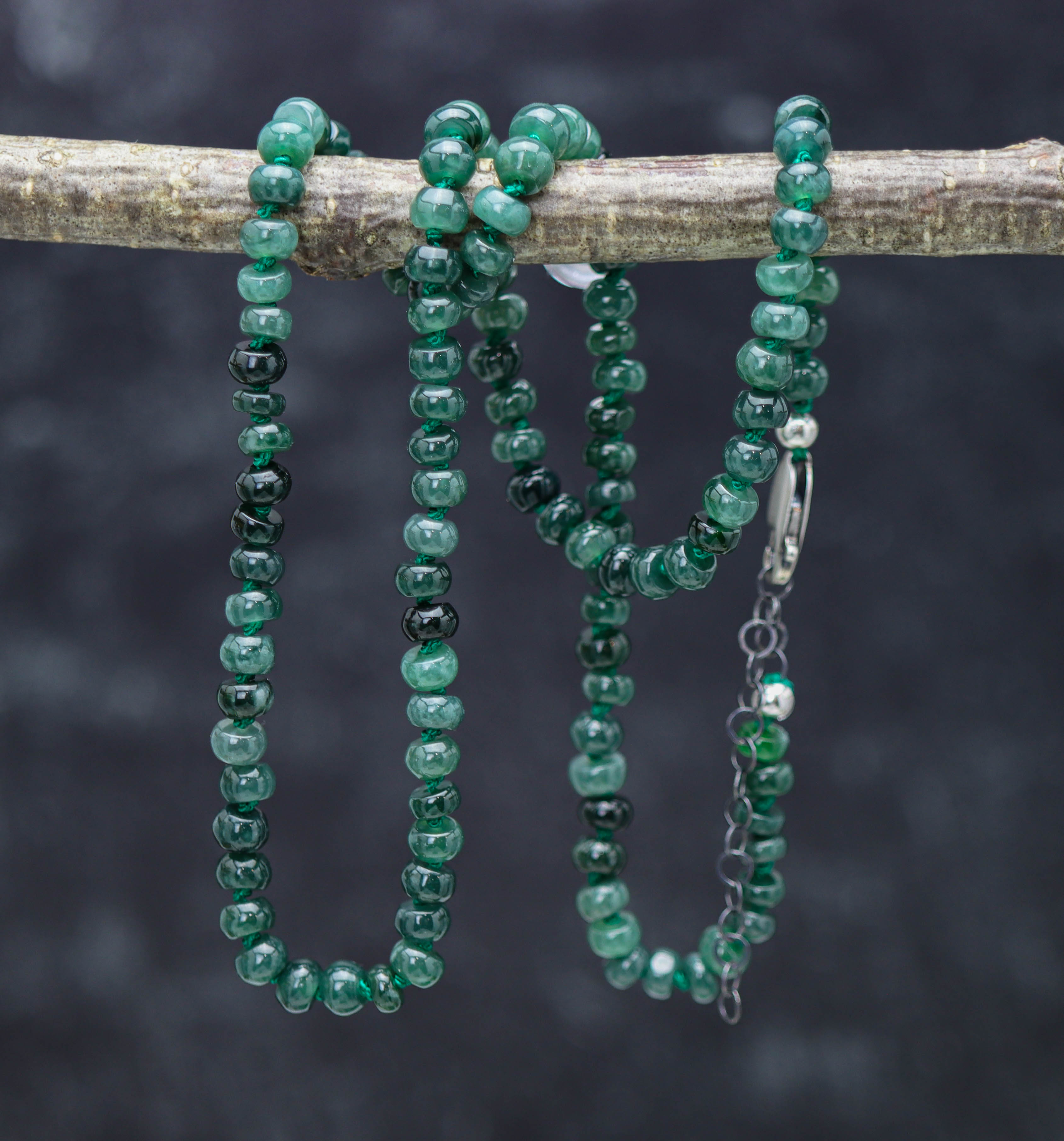 Guatemalan Green Jade Hand Knotted Bead Necklace Sterling Silver
