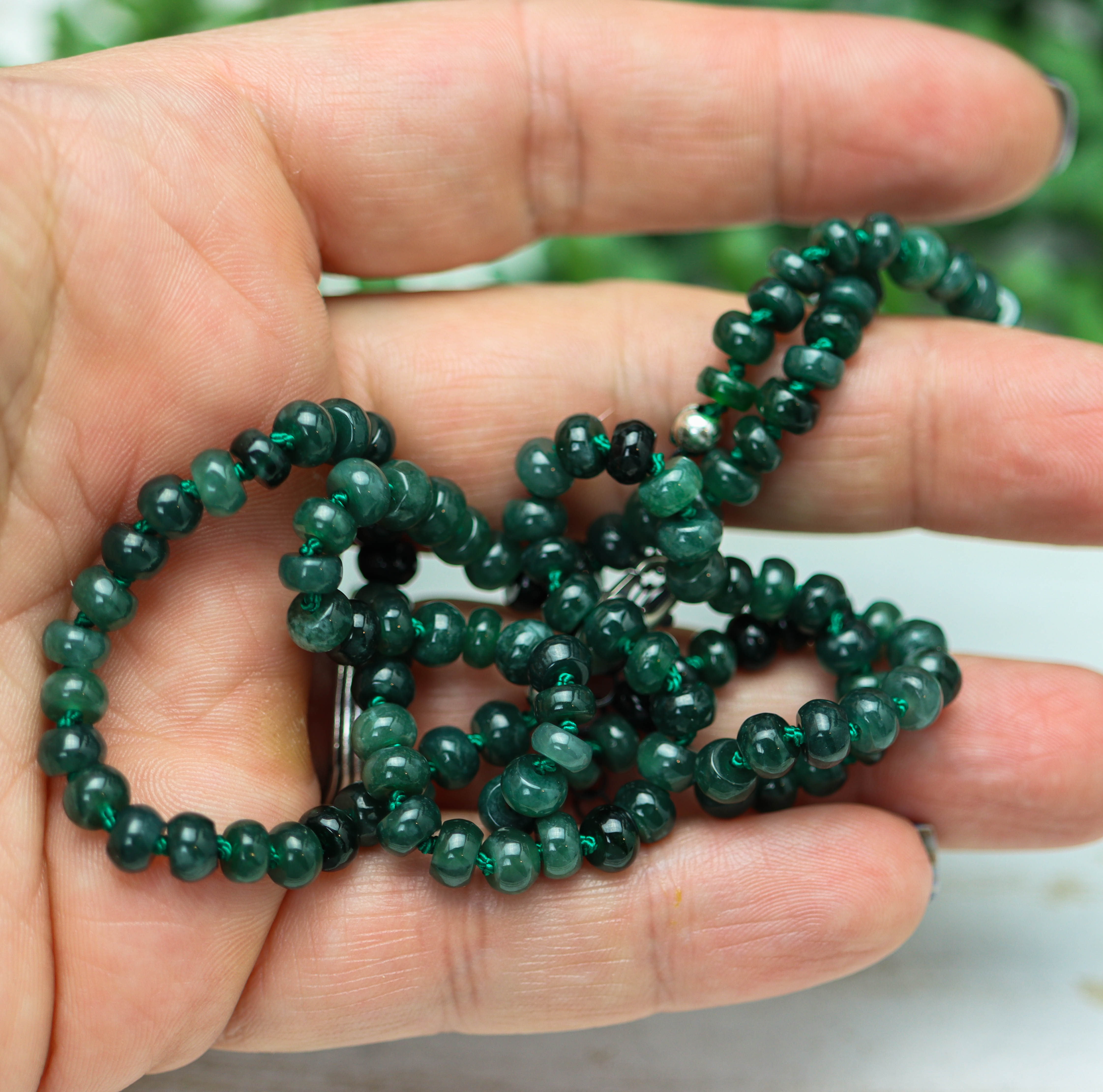 Guatemalan Green Jade Hand Knotted Bead Necklace Sterling Silver