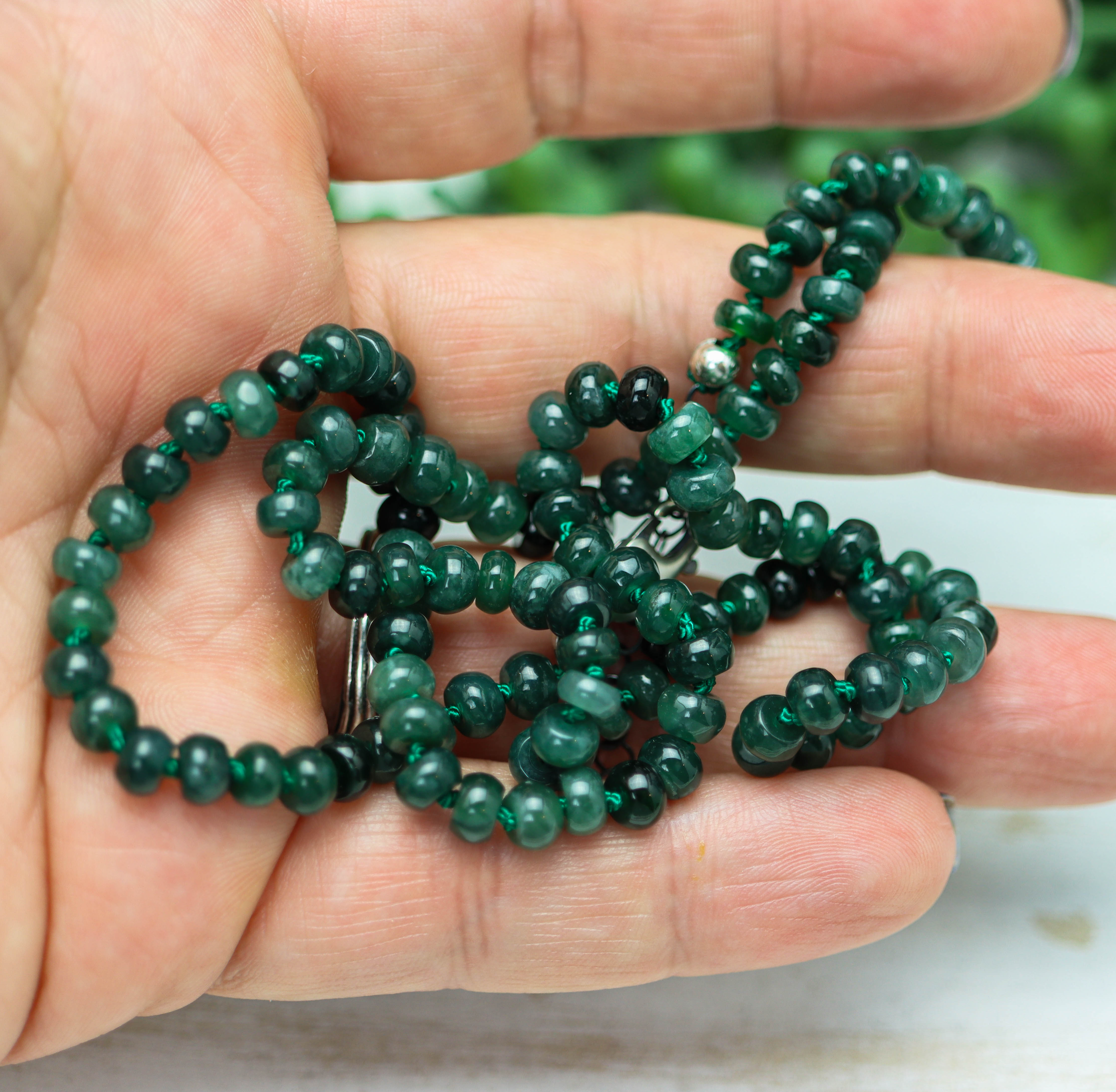 Guatemalan Green Jade Hand Knotted Bead Necklace Sterling Silver