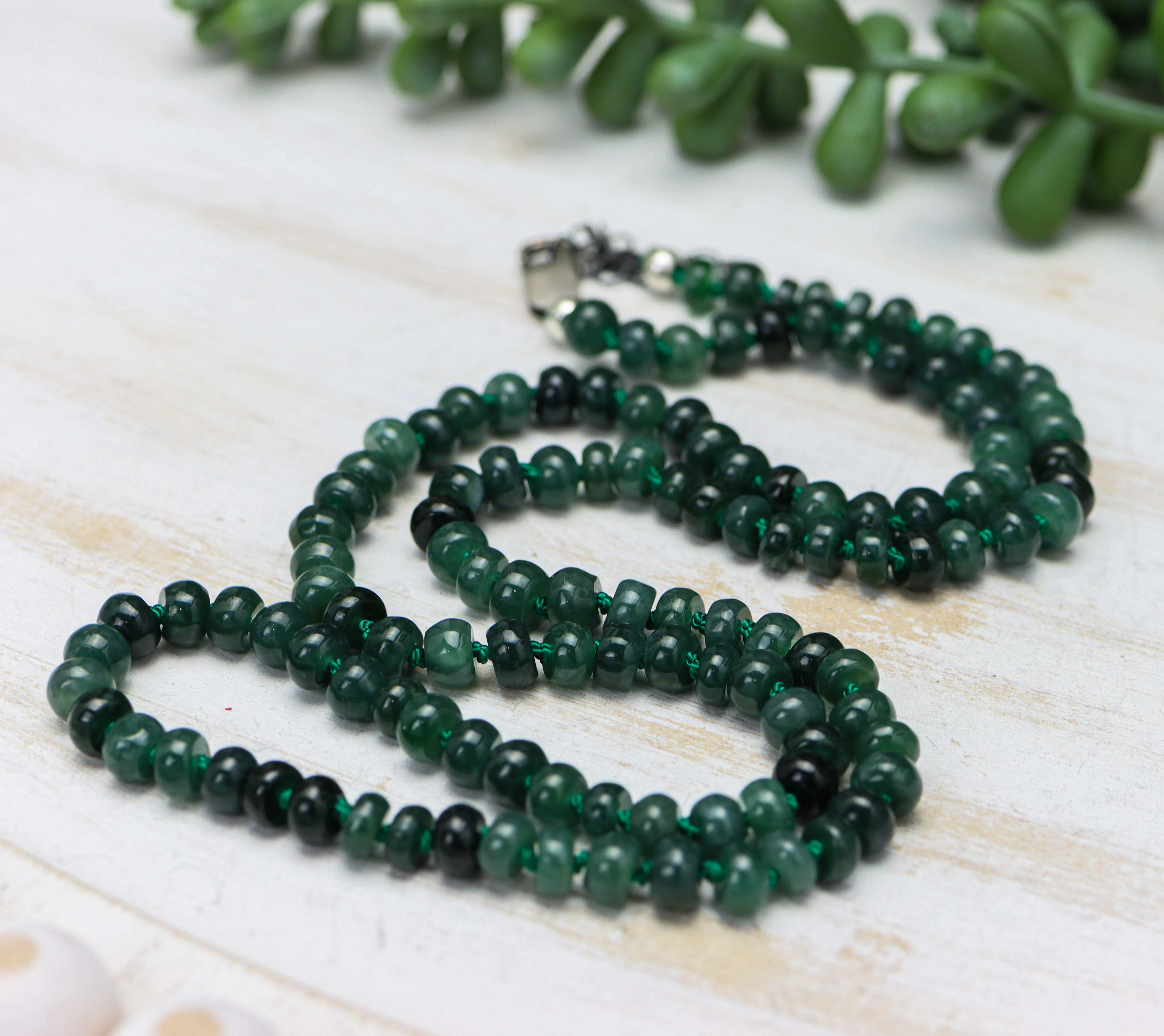 Guatemalan Green Jade Hand Knotted Bead Necklace Sterling Silver