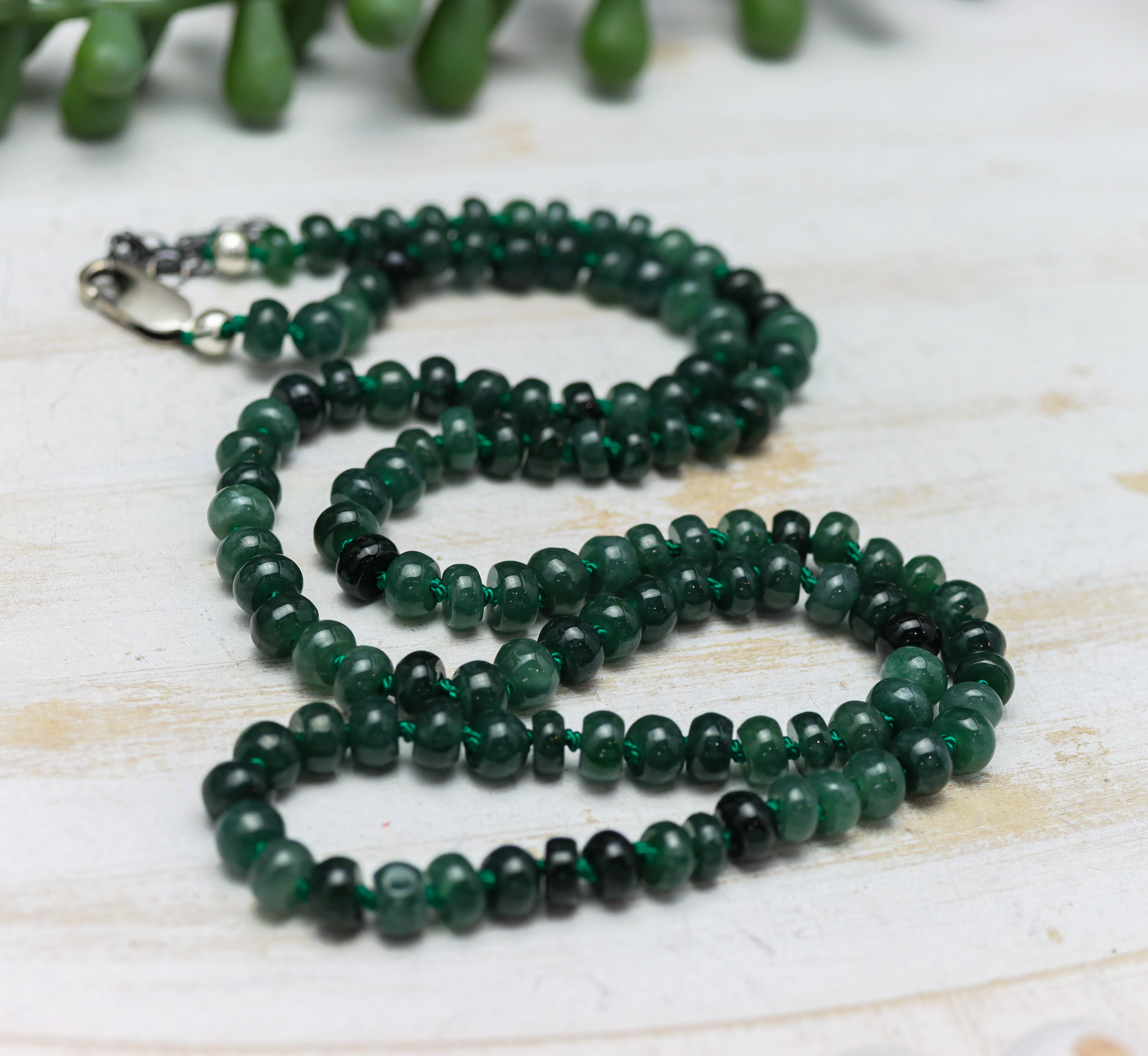 Guatemalan Green Jade Hand Knotted Bead Necklace Sterling Silver