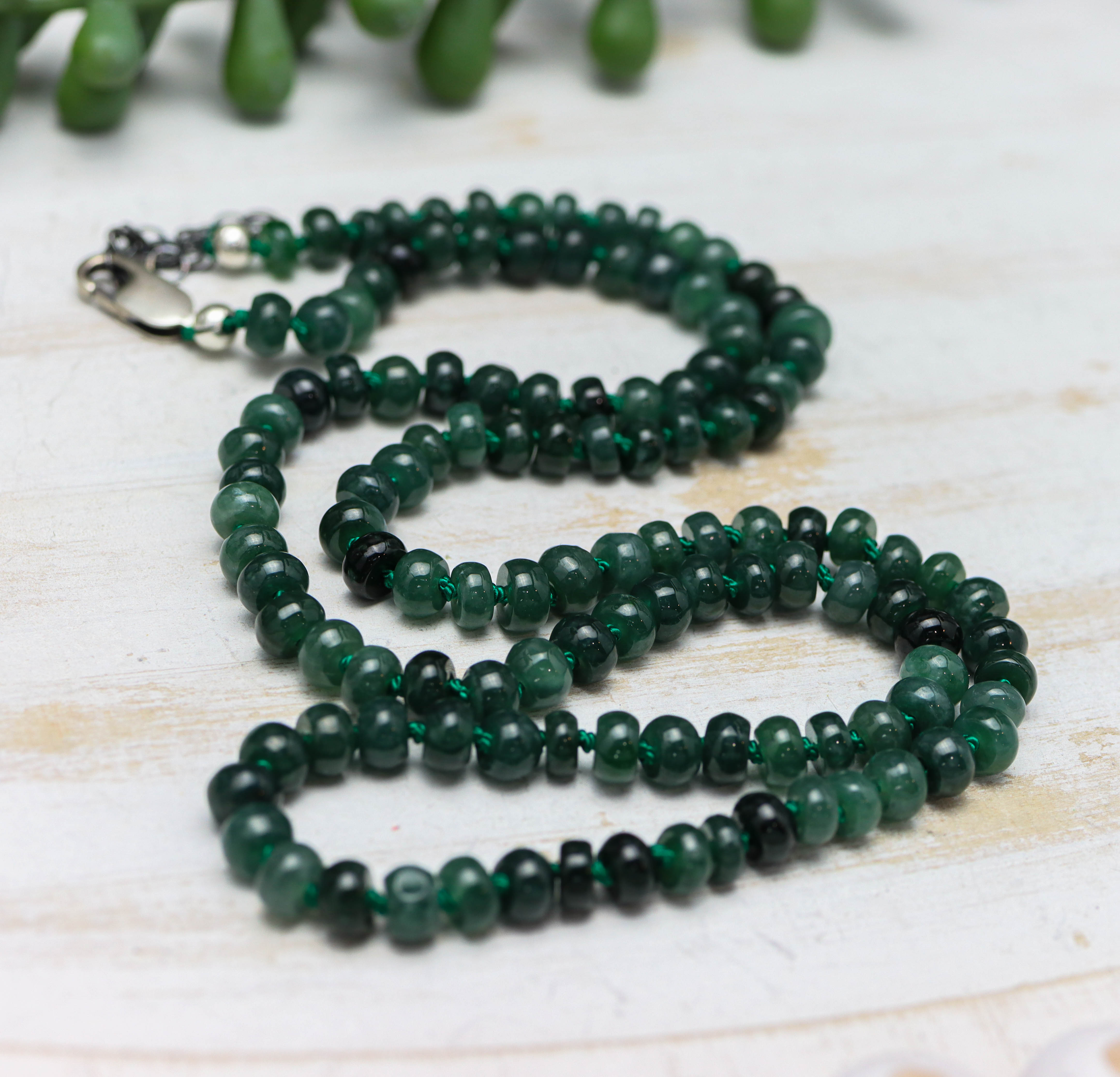 Guatemalan Green Jade Hand Knotted Bead Necklace Sterling Silver
