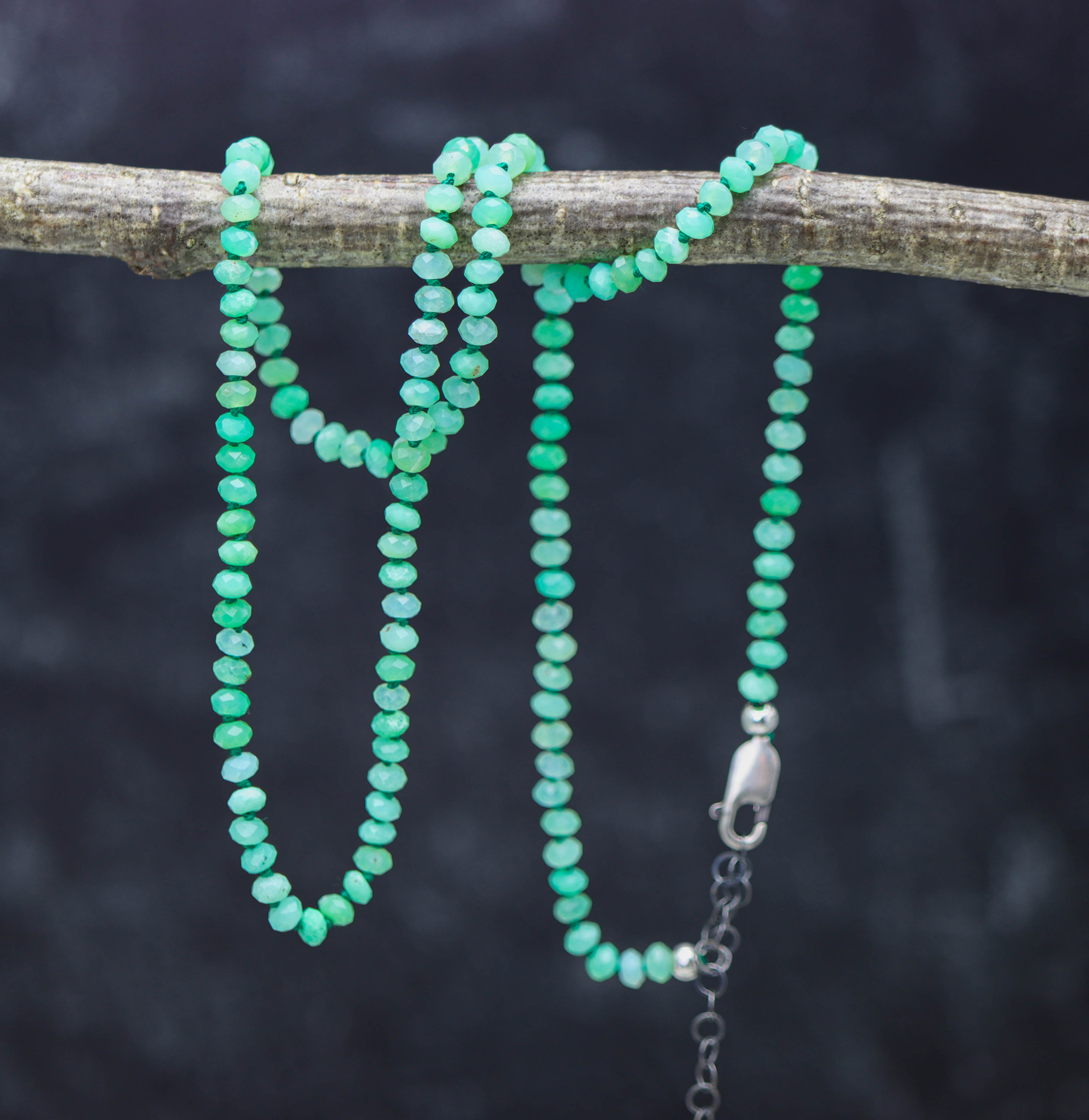 Chrysoprase Hand Knotted Bead Necklace Sterling Silver
