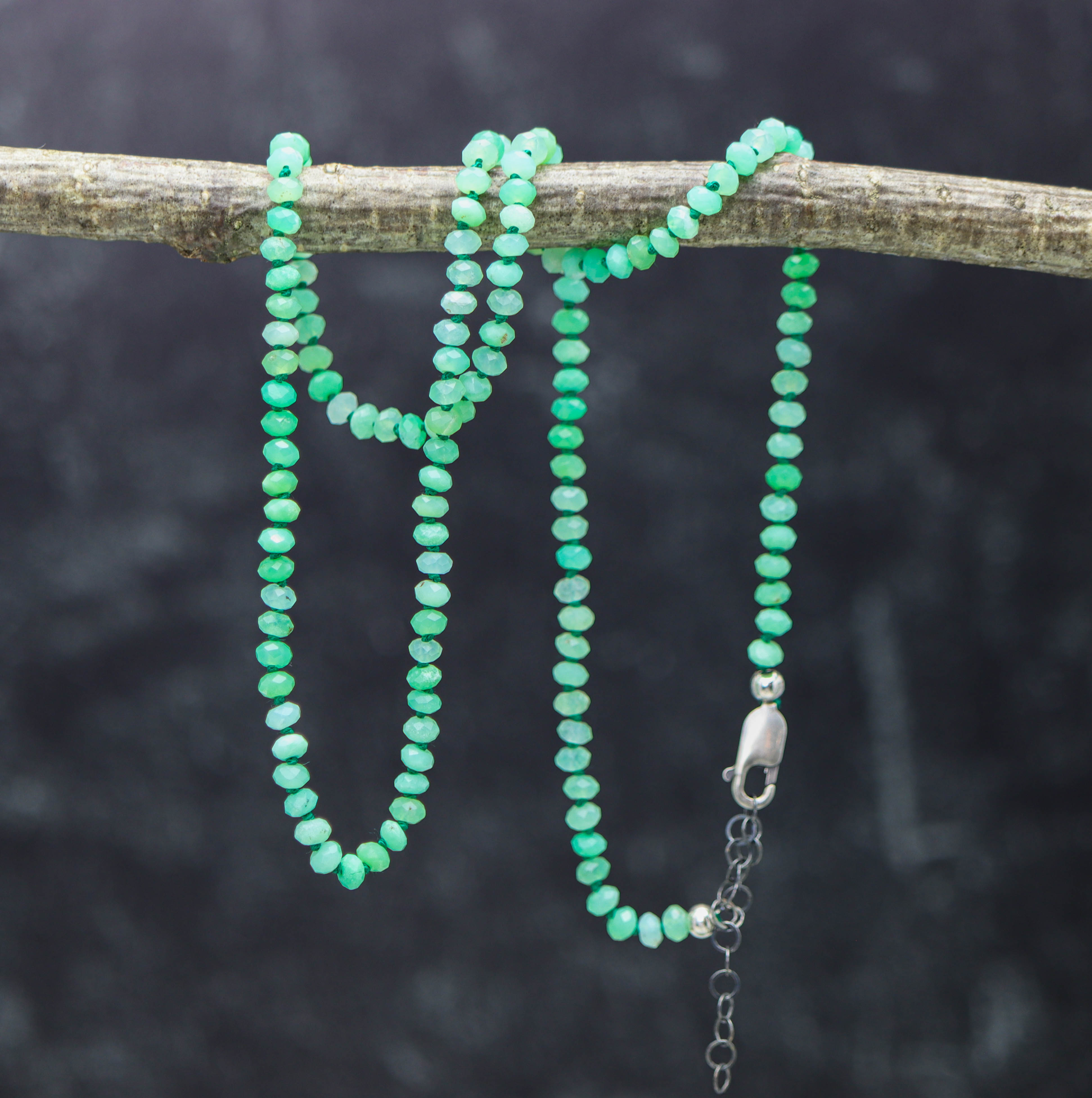 Chrysoprase Hand Knotted Bead Necklace Sterling Silver