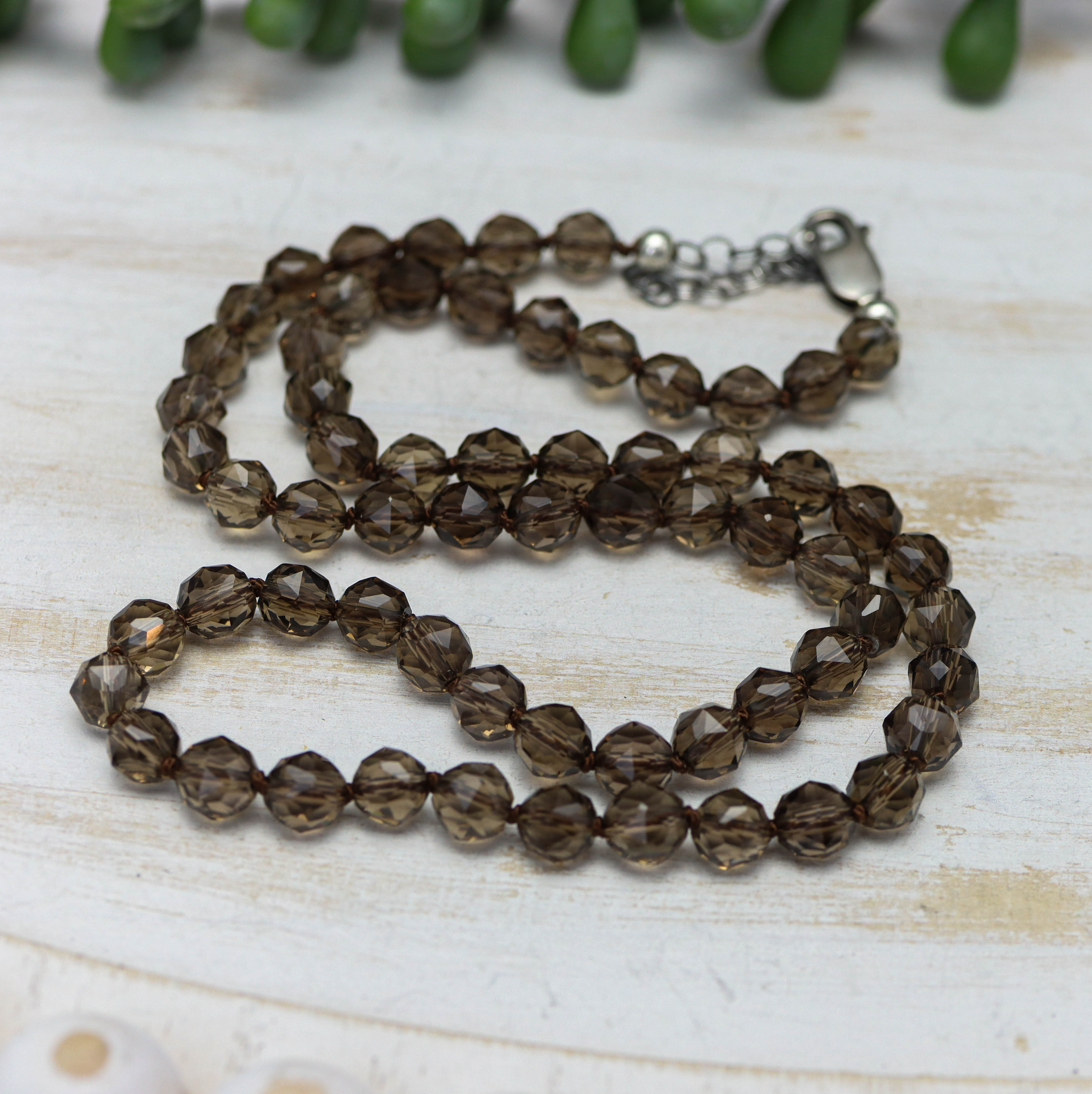 Smoky Quartz Hand Knotted Bead Necklace Sterling Silver