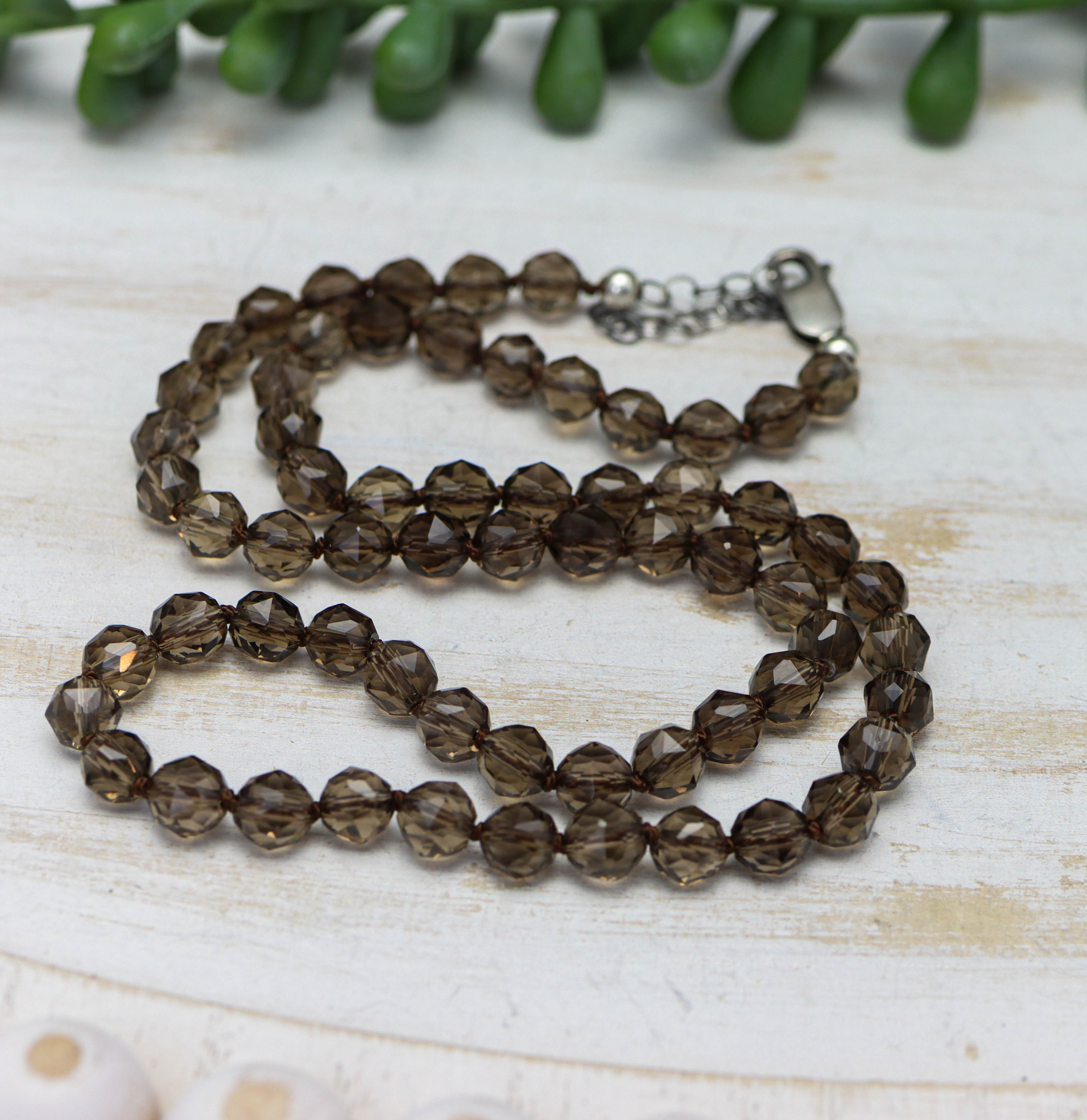 Smoky Quartz Hand Knotted Bead Necklace Sterling Silver