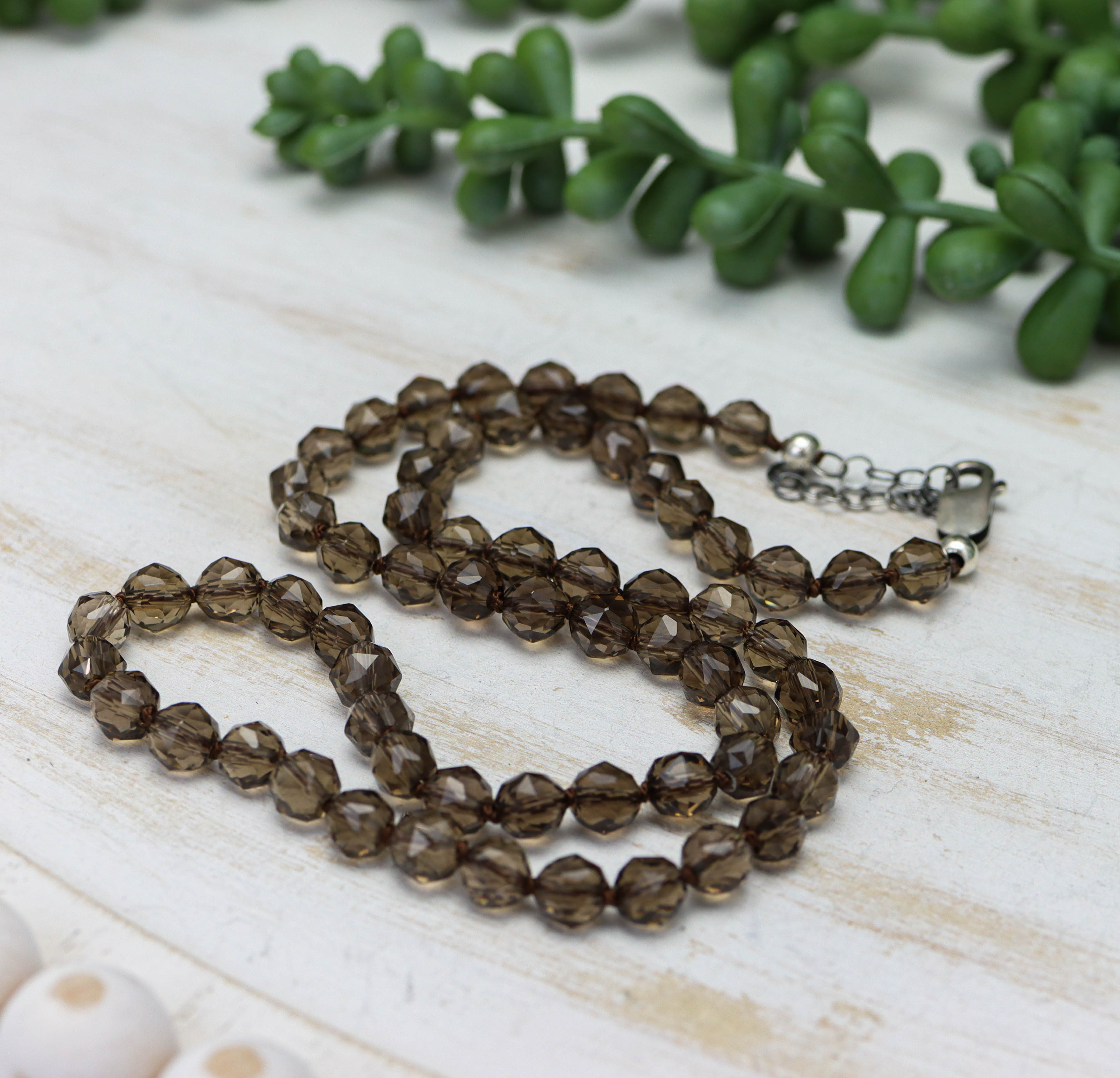 Smoky Quartz Hand Knotted Bead Necklace Sterling Silver