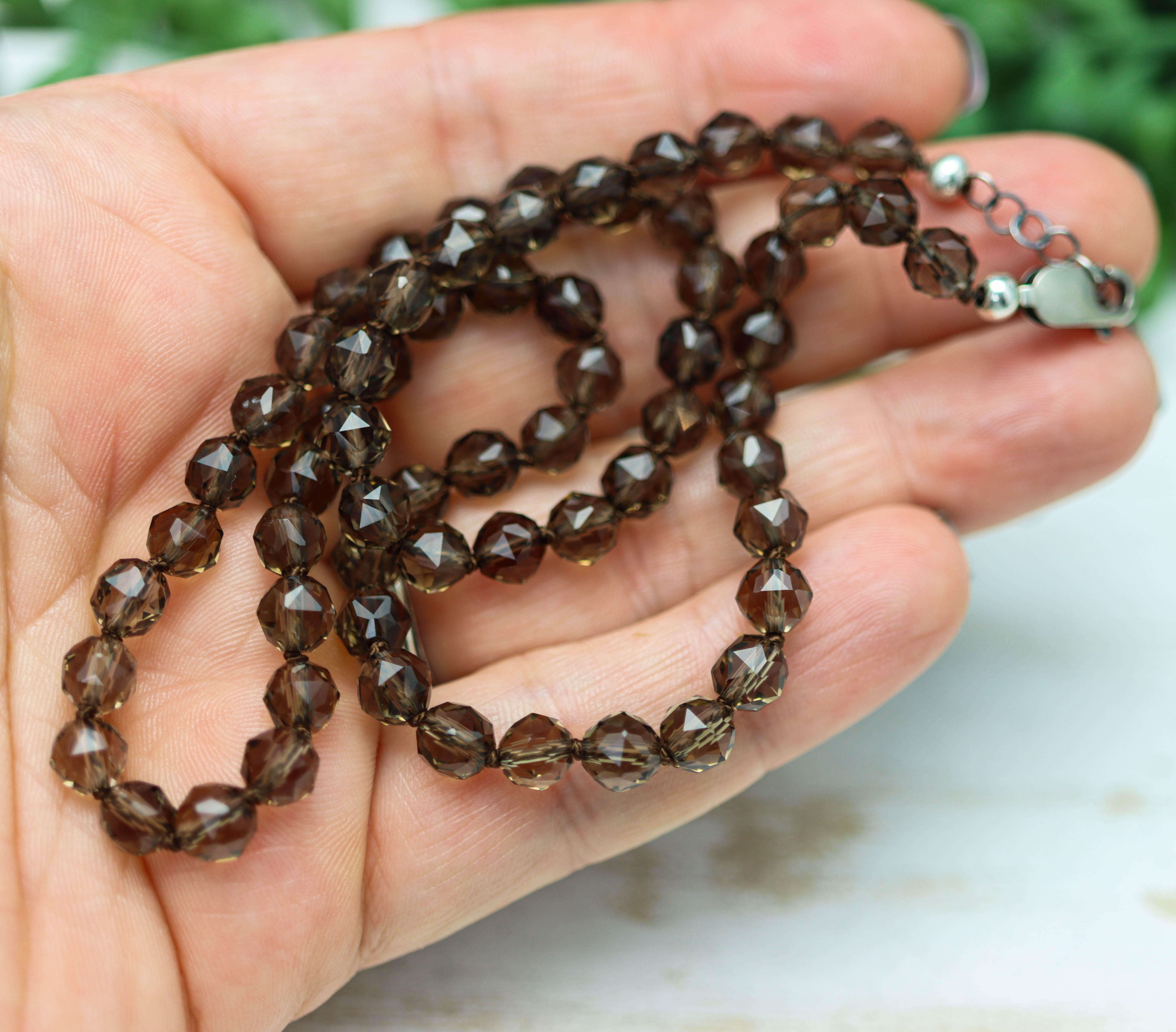 Smoky Quartz Hand Knotted Bead Necklace Sterling Silver