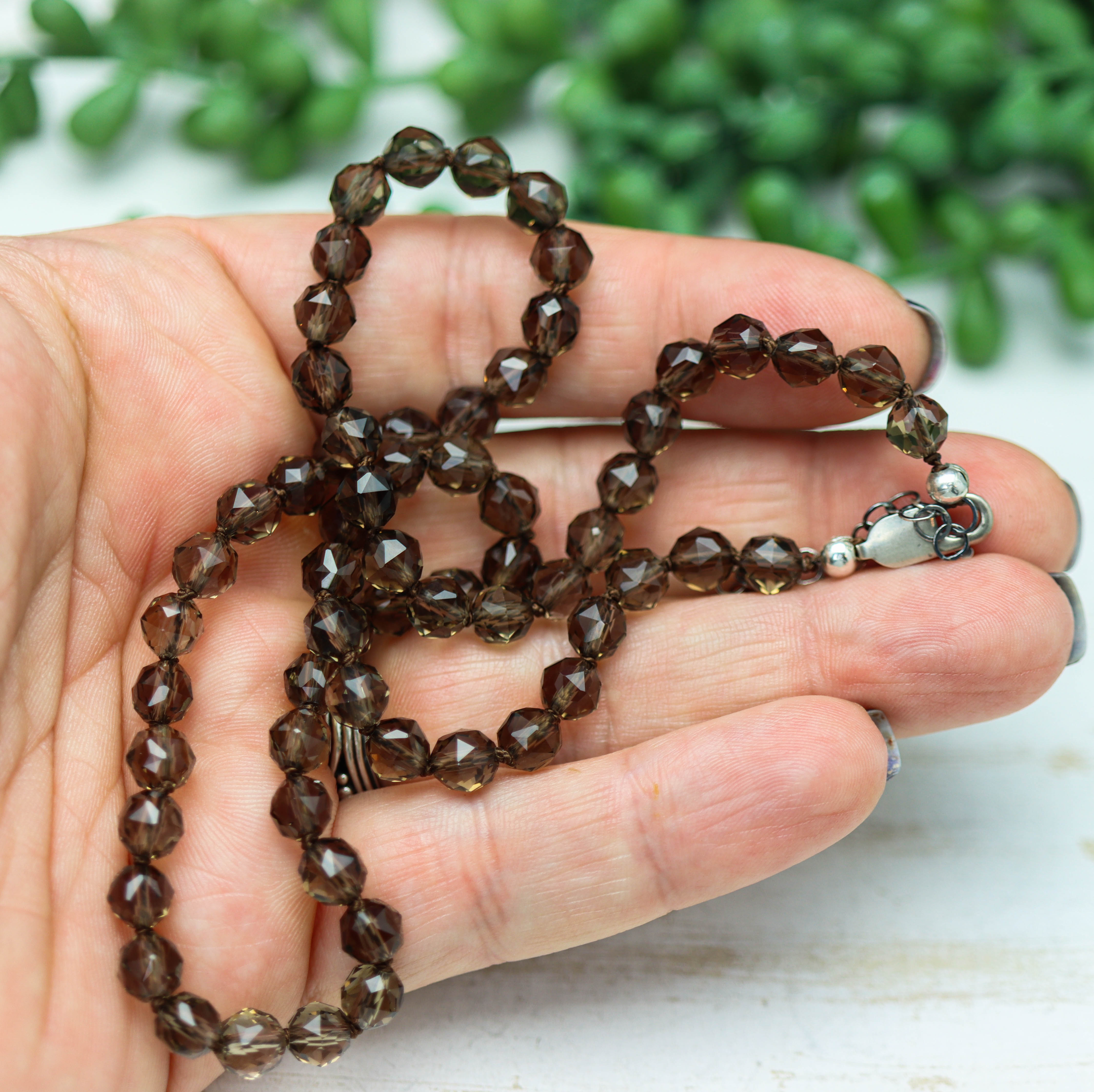 Smoky Quartz Hand Knotted Bead Necklace Sterling Silver