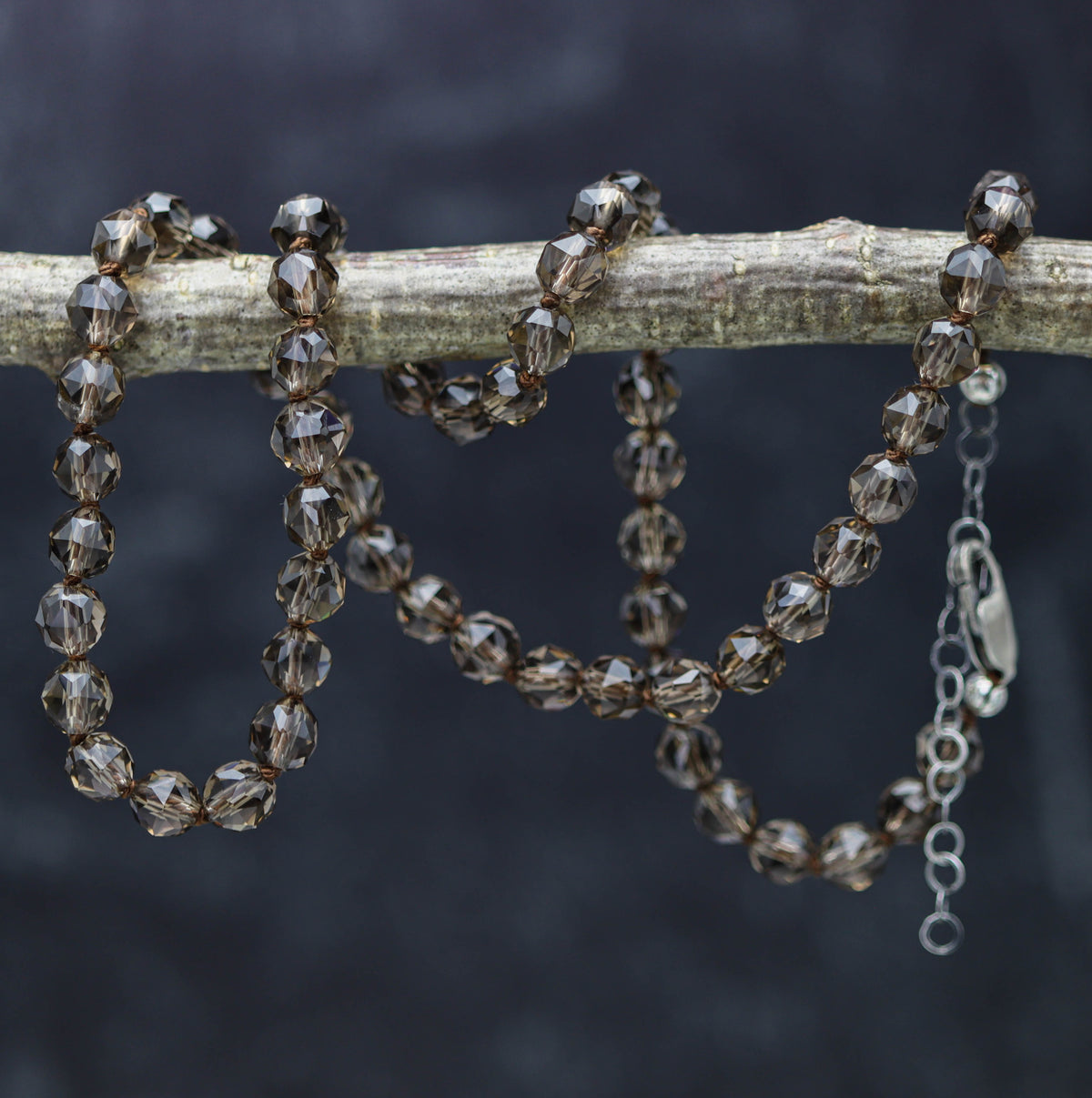 Smoky Quartz Hand Knotted Bead Necklace Sterling Silver