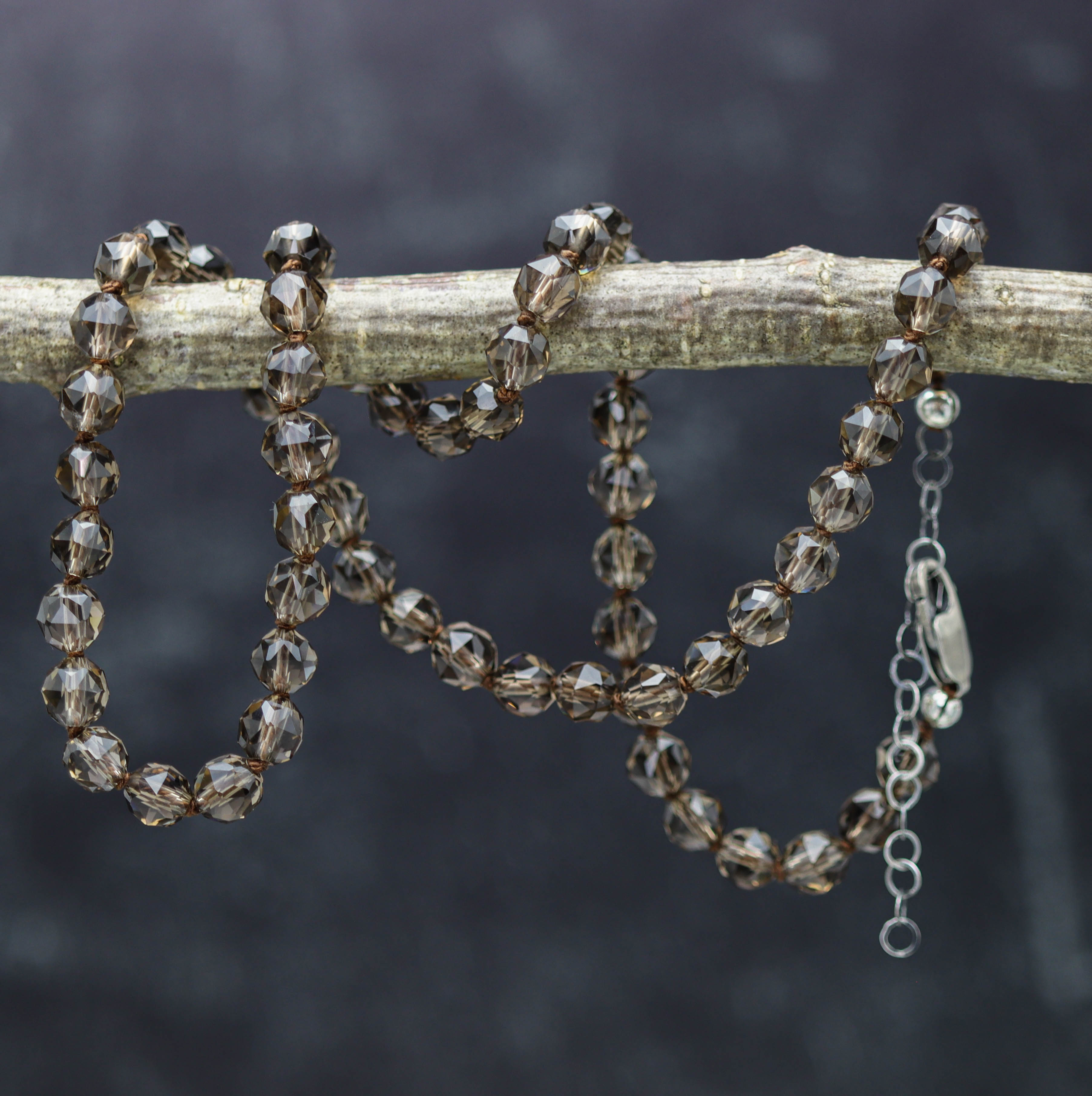 Smoky Quartz Hand Knotted Bead Necklace Sterling Silver