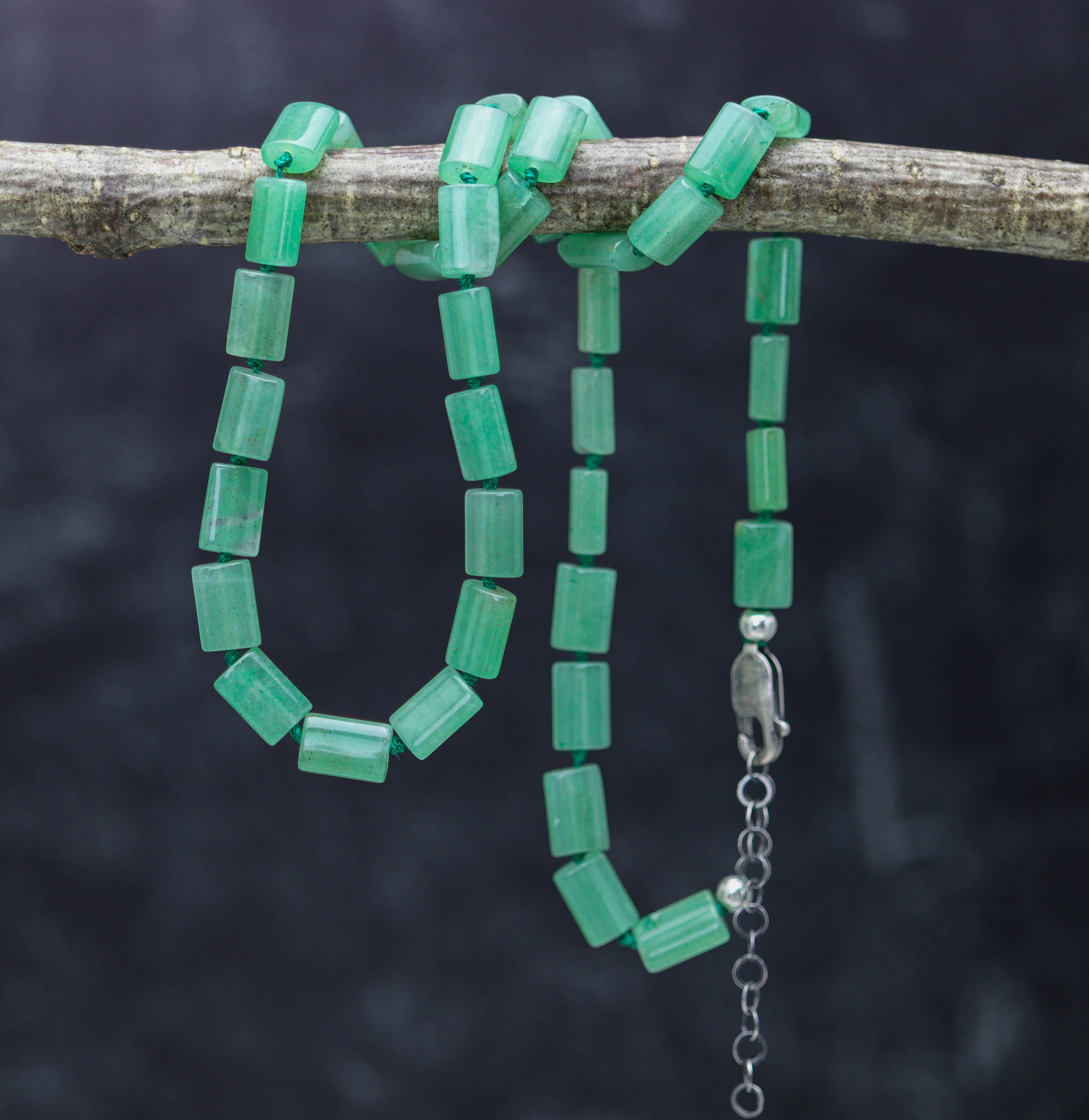 Green Aventurine Hand Knotted Bead Necklace Sterling Silver