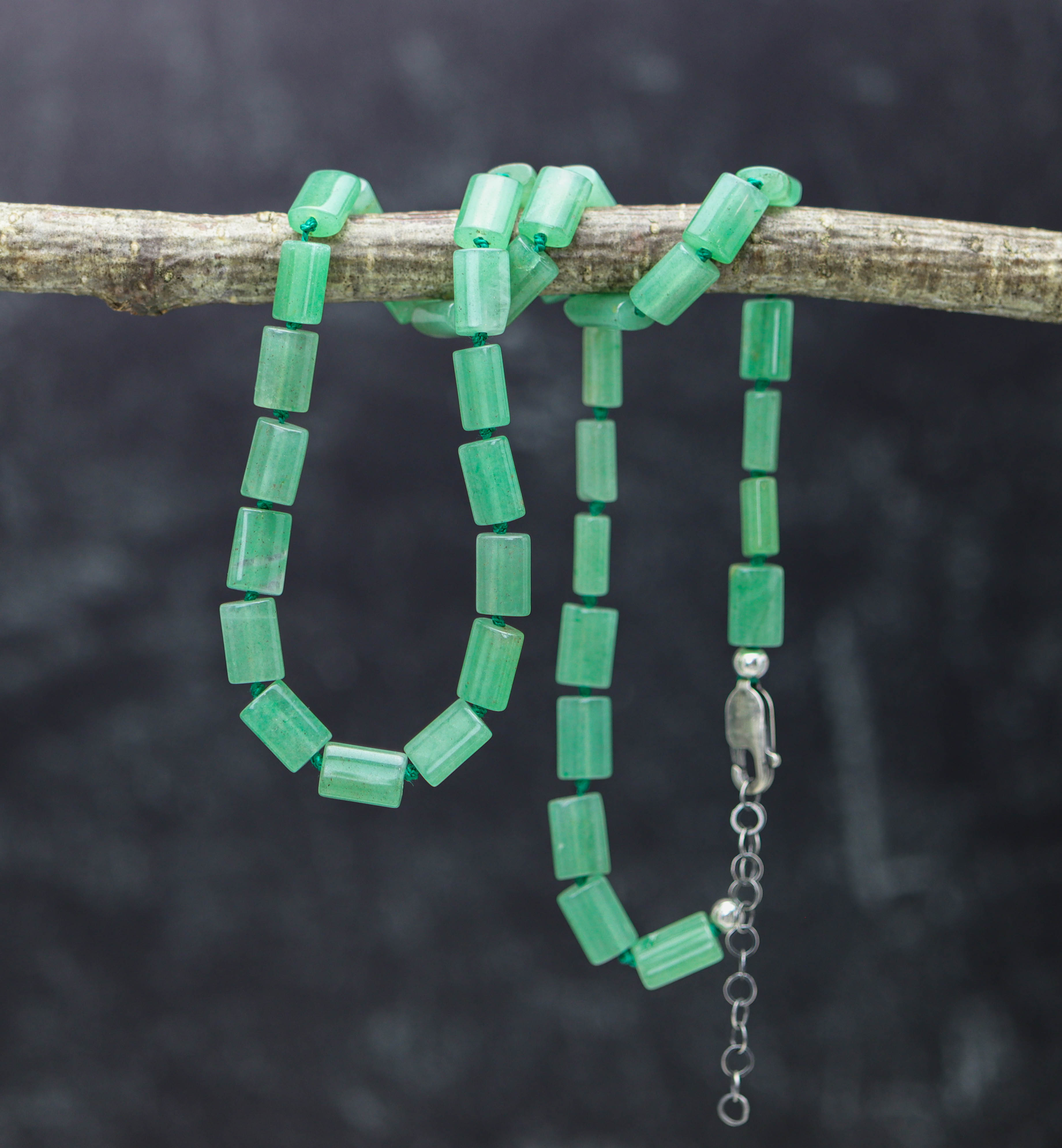 Green Aventurine Hand Knotted Bead Necklace Sterling Silver